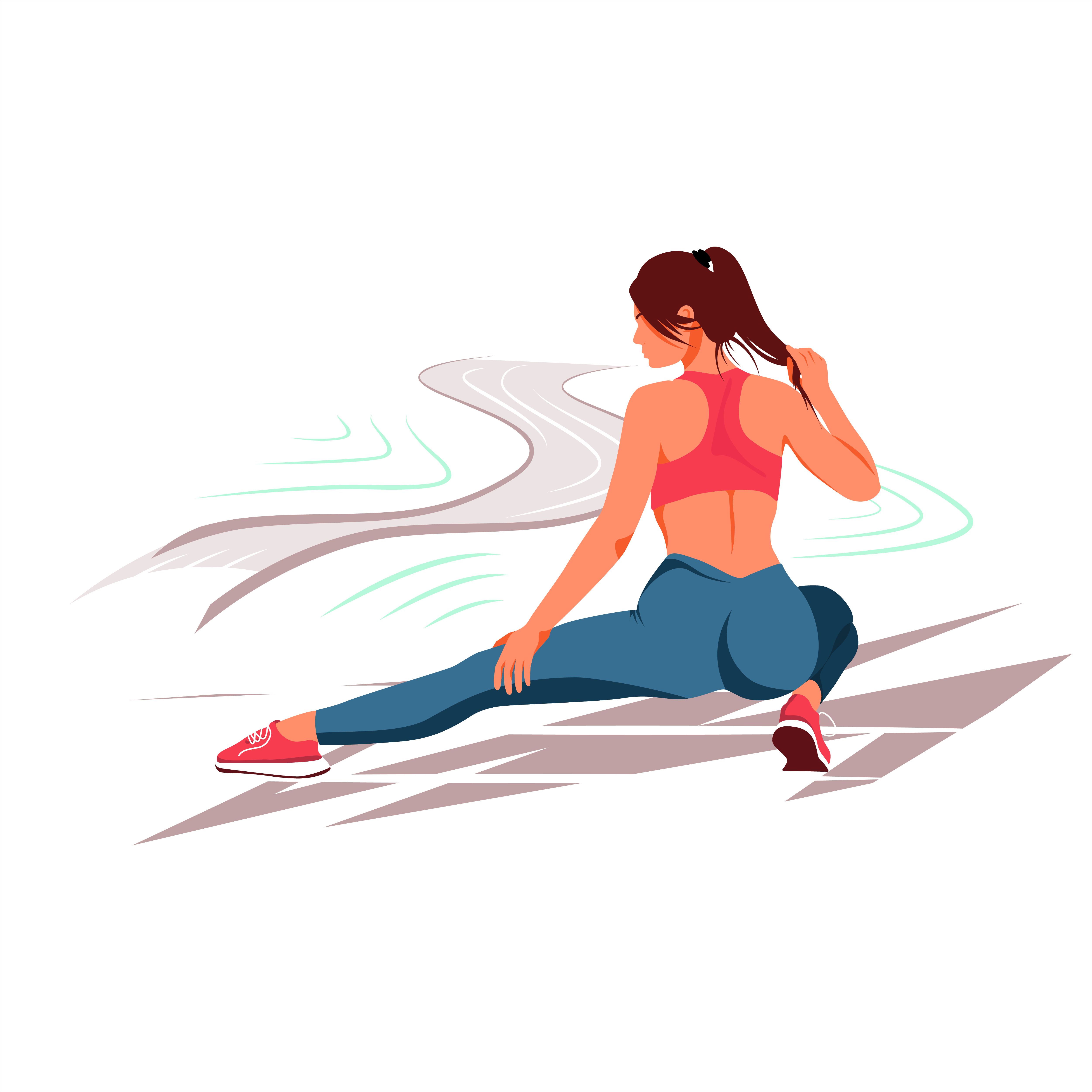 Flat Illustration On A White Background. Girl Does A Warm Up On A Treadmill. Girls Cartoon Art, Gym Art, Illustration