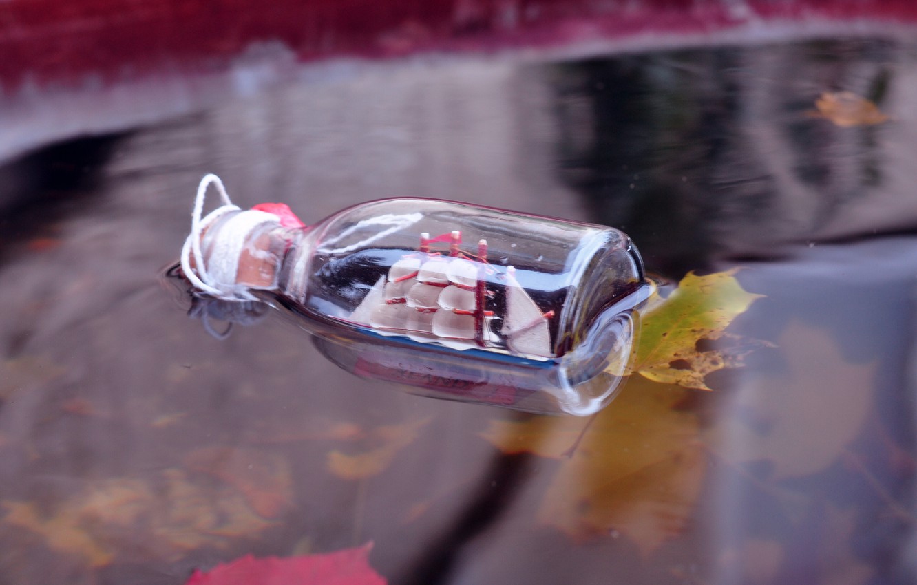 Wallpaper leaves, river, ship, bottle image for desktop, section разное