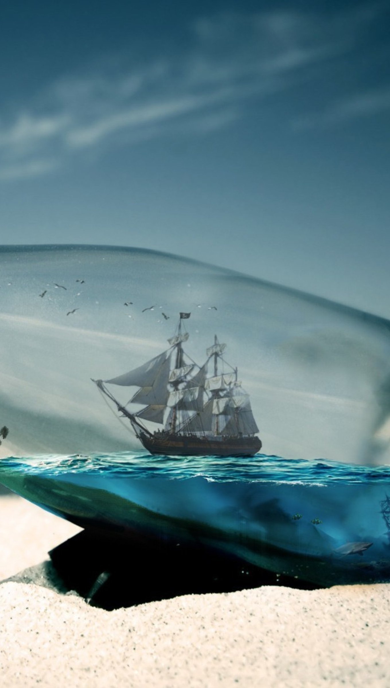 Ship in the sea inside a bottle Wallpaper 4k for iPhone and Mobile Phone