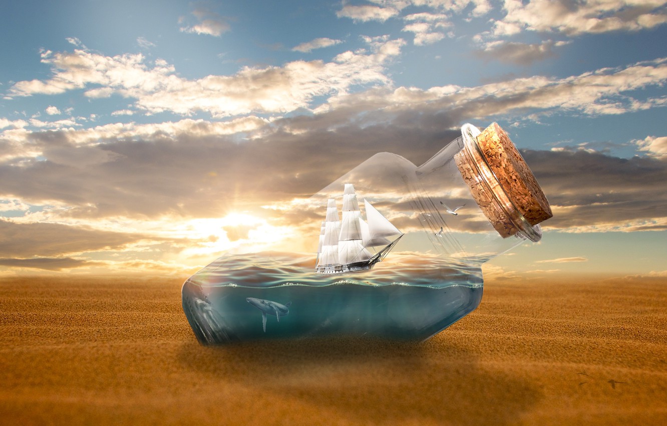 Wallpaper sand, sea, the sky, glass, the sun, clouds, light, rendering, fantasy, shore, ship, bottle, seagulls, sailboat, shark, the ship image for desktop, section рендеринг