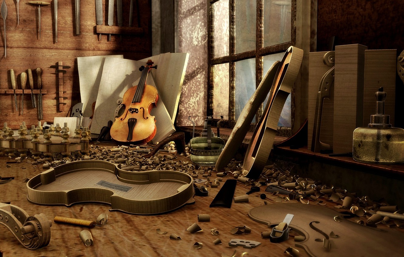 Wallpaper wood, musical instruments, Workshop image for desktop, section интерьер