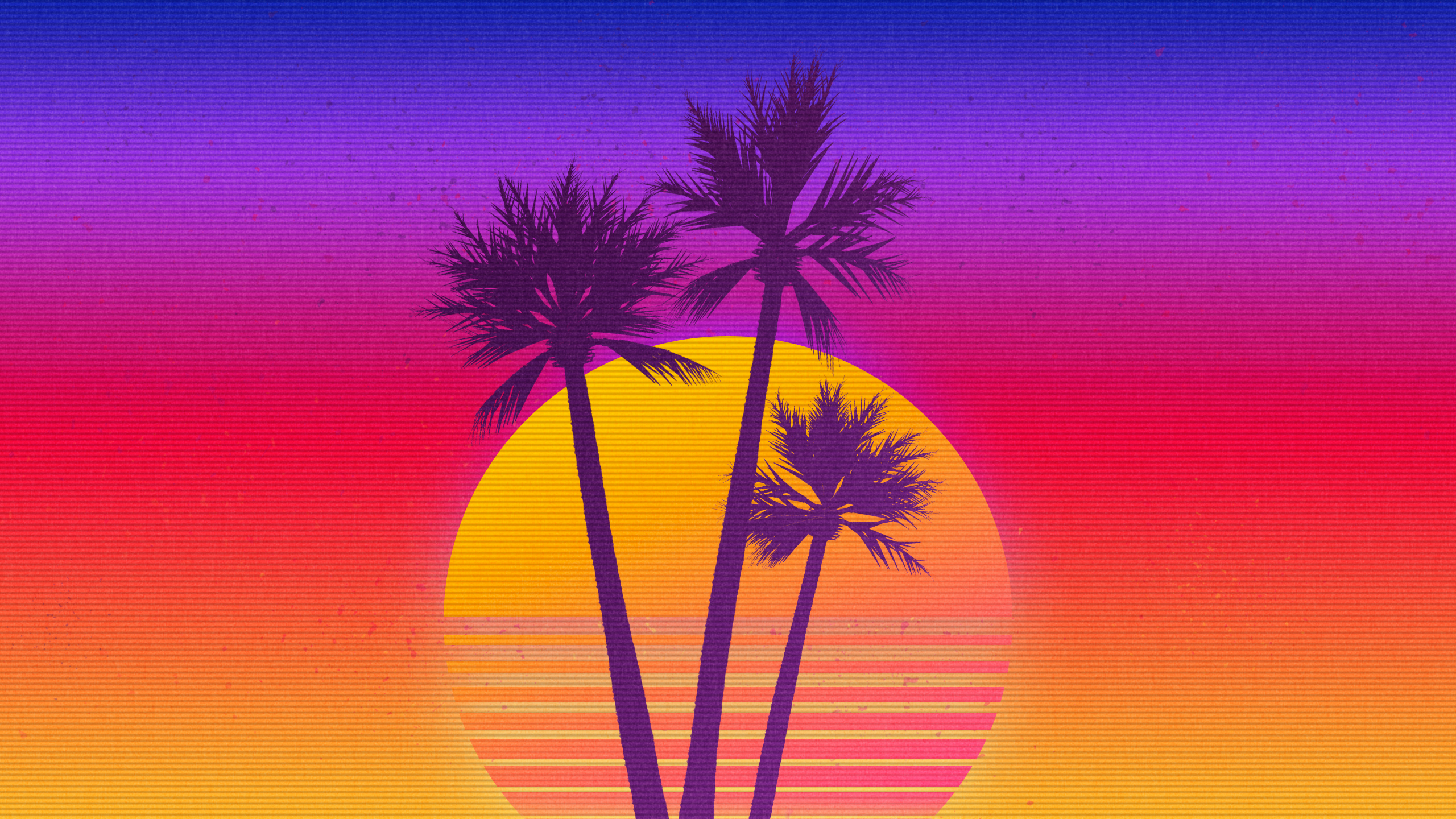 Wallpaper, synthwave, OutRun, vaporwave, Retrowave, sunset, palm trees, digital art 2560x1440