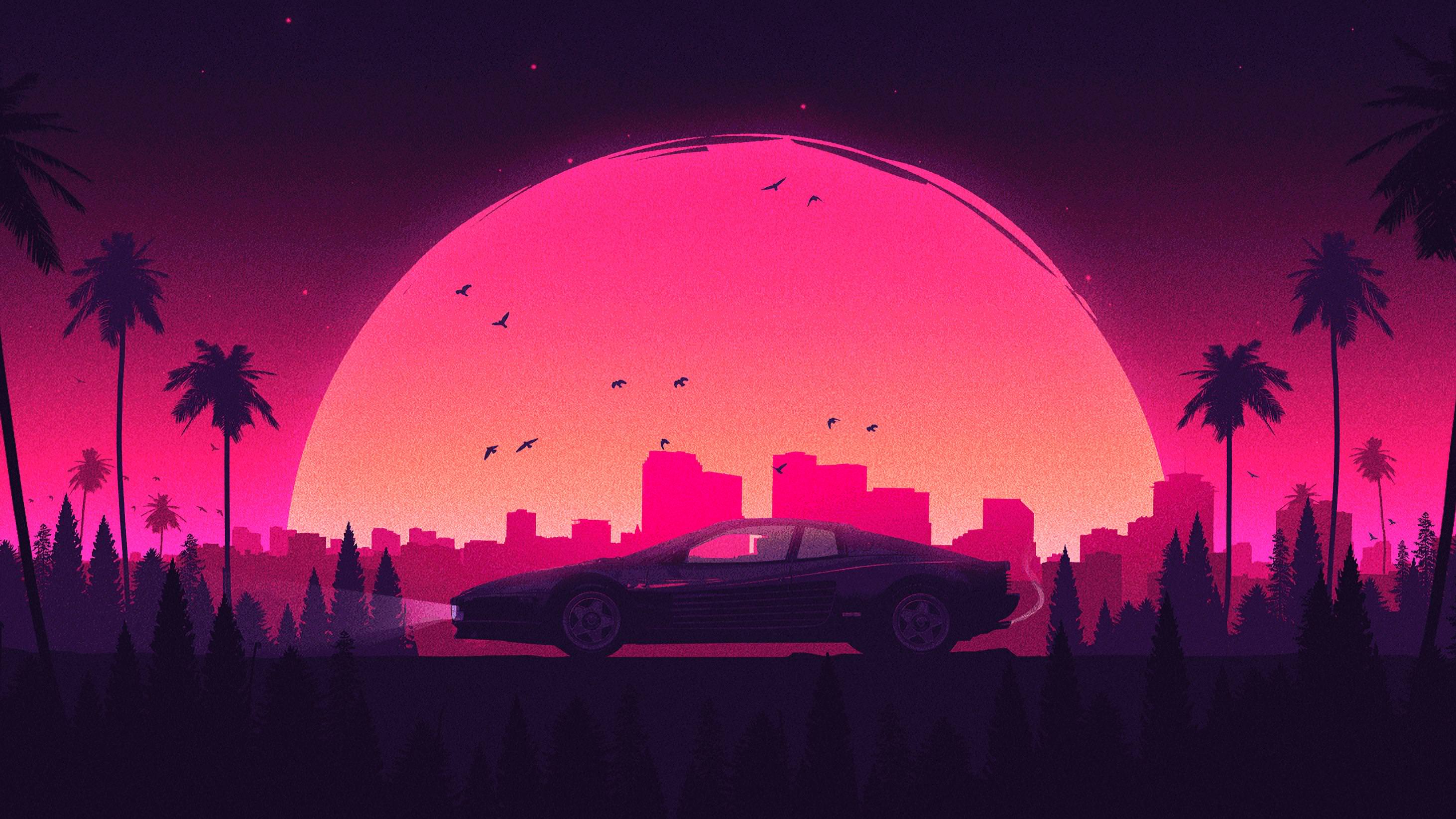Wallpaper, Retrowave, old car, sunset, palm trees, cityscape, pink, shadow, dark background 2924x1645