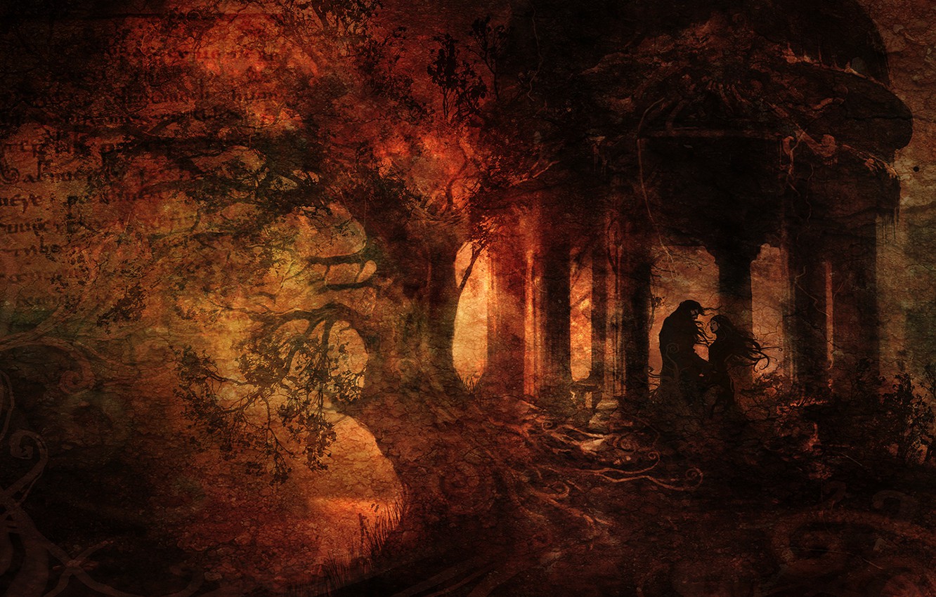 Wallpaper forest, letter, girl, text, roots, tree, meeting, dark, scratches, guy, gazebo, 1920x1080, grunge, Anime image for desktop, section разное