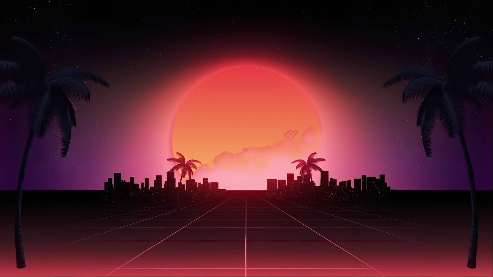 HD Wallpaper Retrowave Road Palm Tree Sunset City