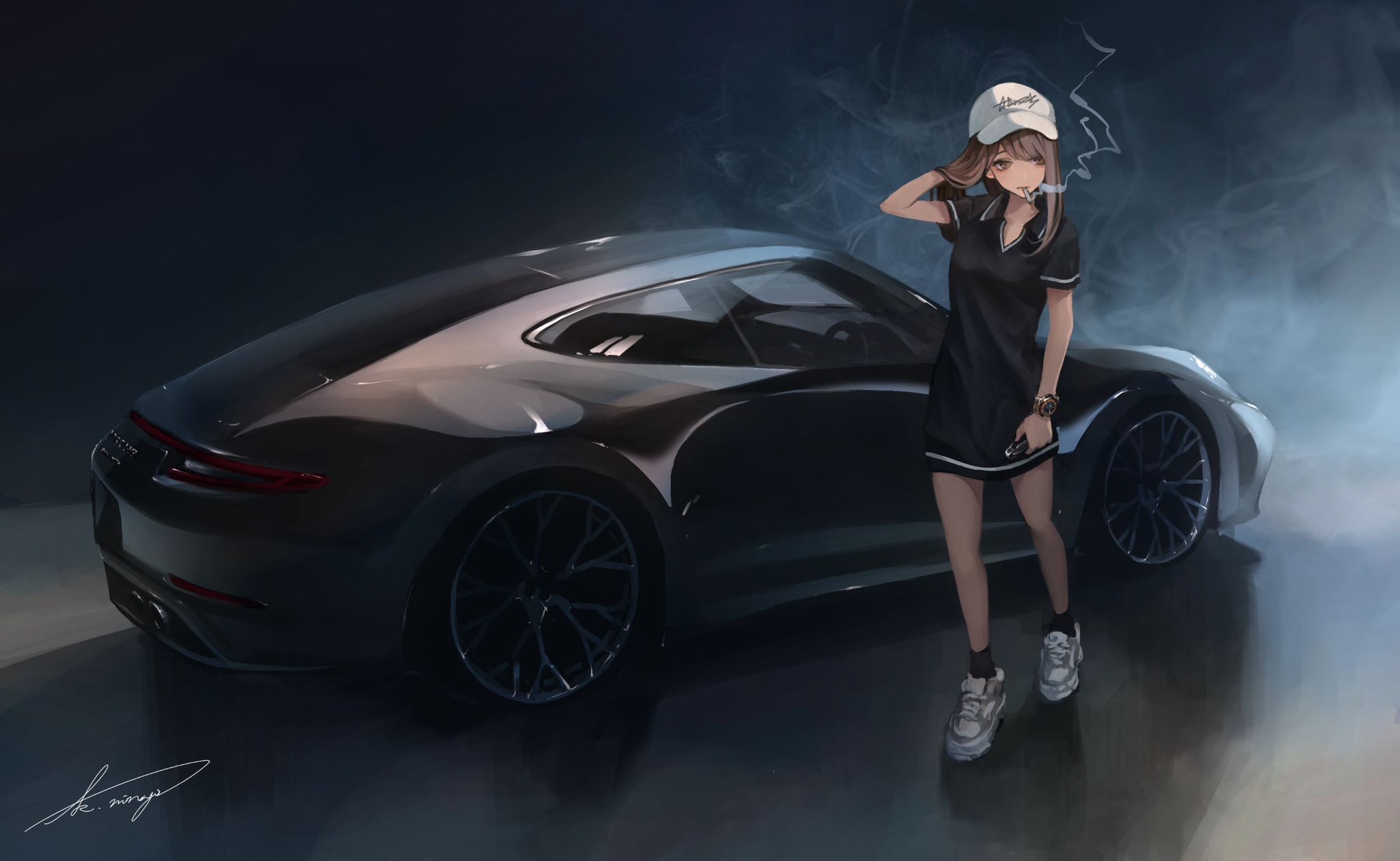 Wallpaper, koh, anime girls, Porsche 911 Carrera, black dress, car 2047x1259