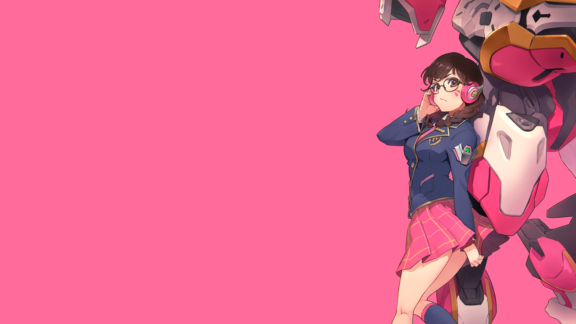 Wallpaper, D Va Overwatch, mecha girls, school uniform, headphones 1920x1080