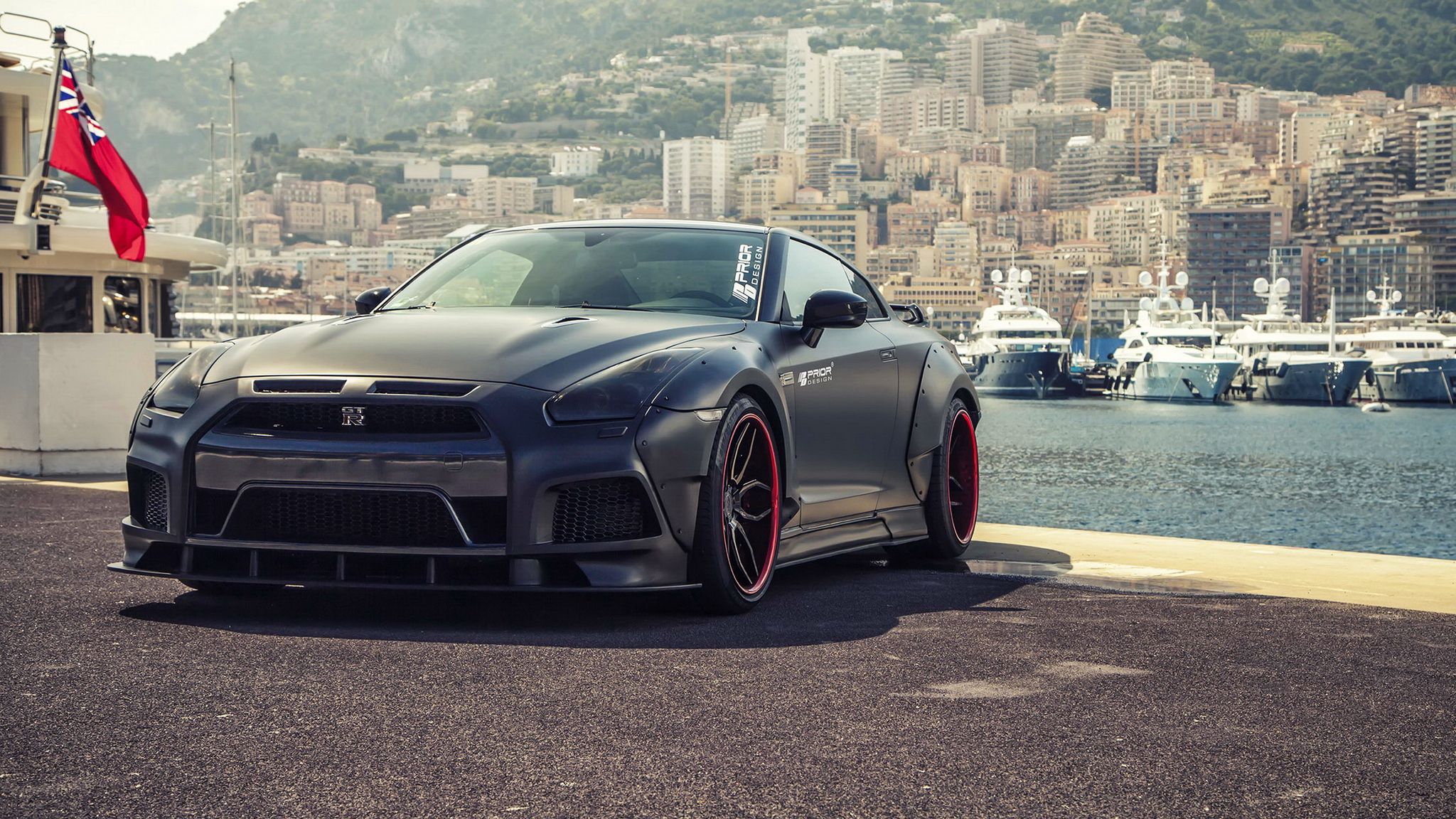 Download Wallpaper 2048x1152 Nissan, Gt R, Black, Side View Ultrawide Monitor HD Background