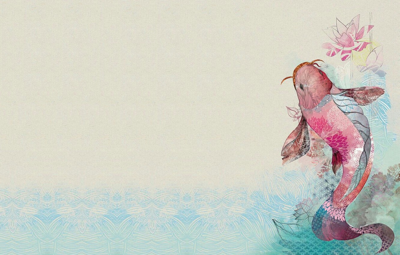 Wallpaper fish, art, Lotus, goldfish, fish, illustration, koi image for desktop, section минимализм