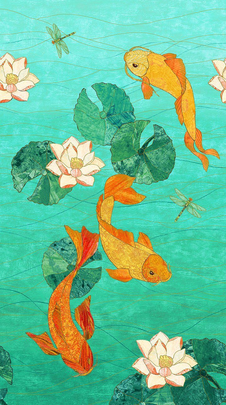 Northcott Shimmer Koi Pond By Karen Sikie 22345M 63 Scenic Metallic $10.80 Yd PREORDER DUE DEC '18 JAN '19. Koi Art, Japanese Art, Fish Art
