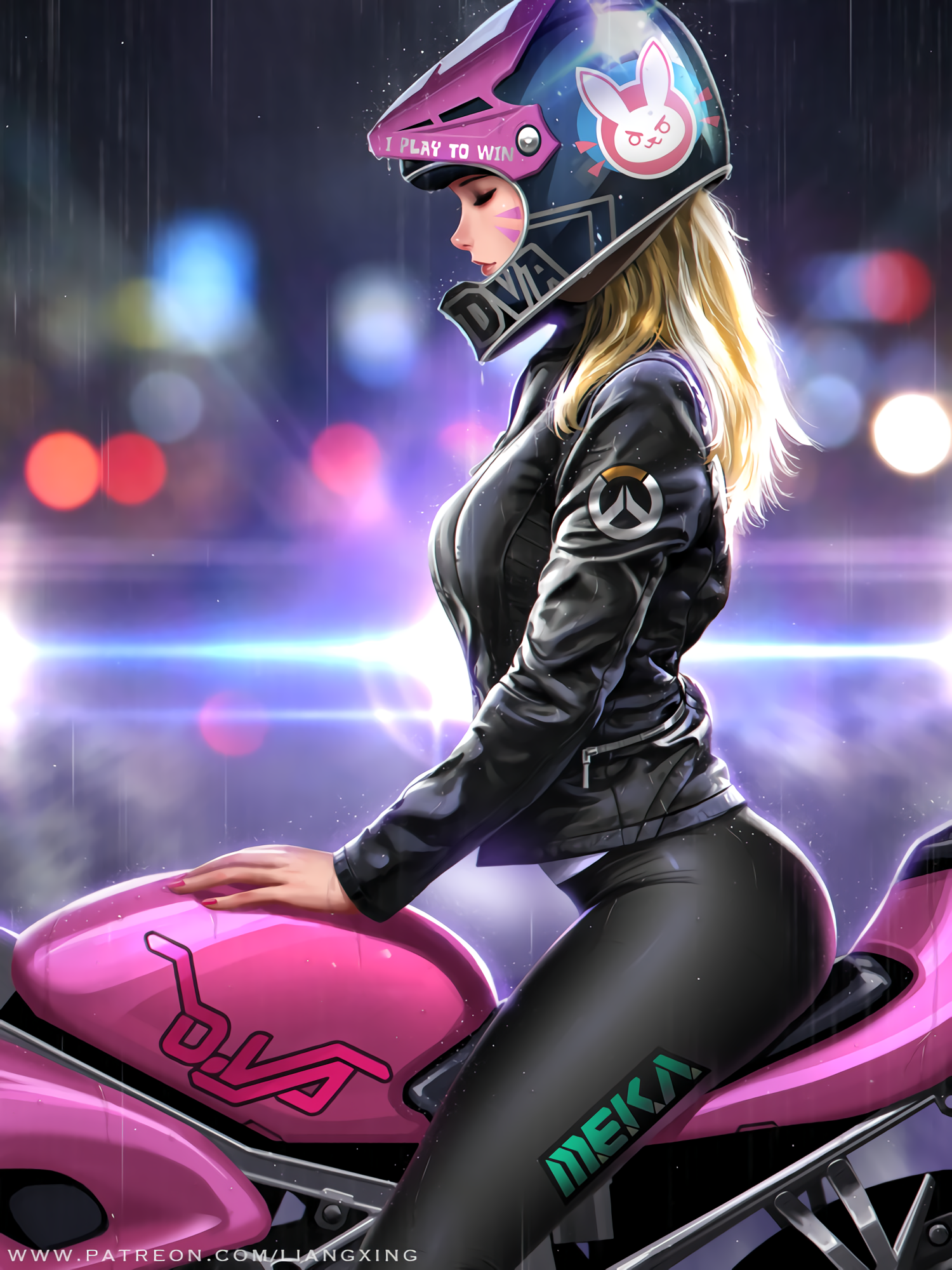 Wallpaper, digital art, artwork, video games, women, long hair, D Va Overwatch, blonde, Liang Xing, tight clothing, biker, motorcycle, helmet, closed eyes, rain 1500x2000