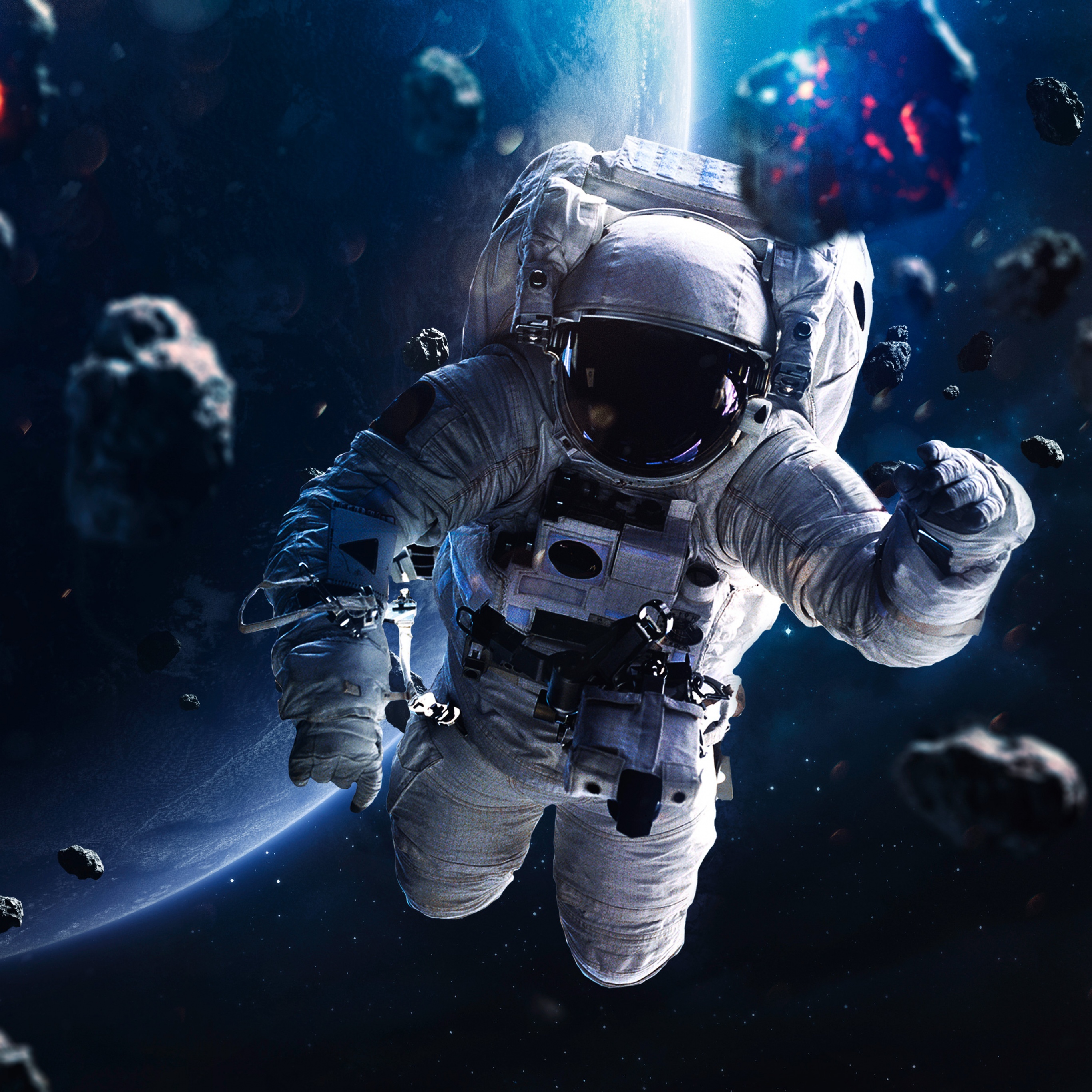 Astronaut Wallpaper 4K, Asteroids, Blue planet, Space Travel, No Gravity, Space