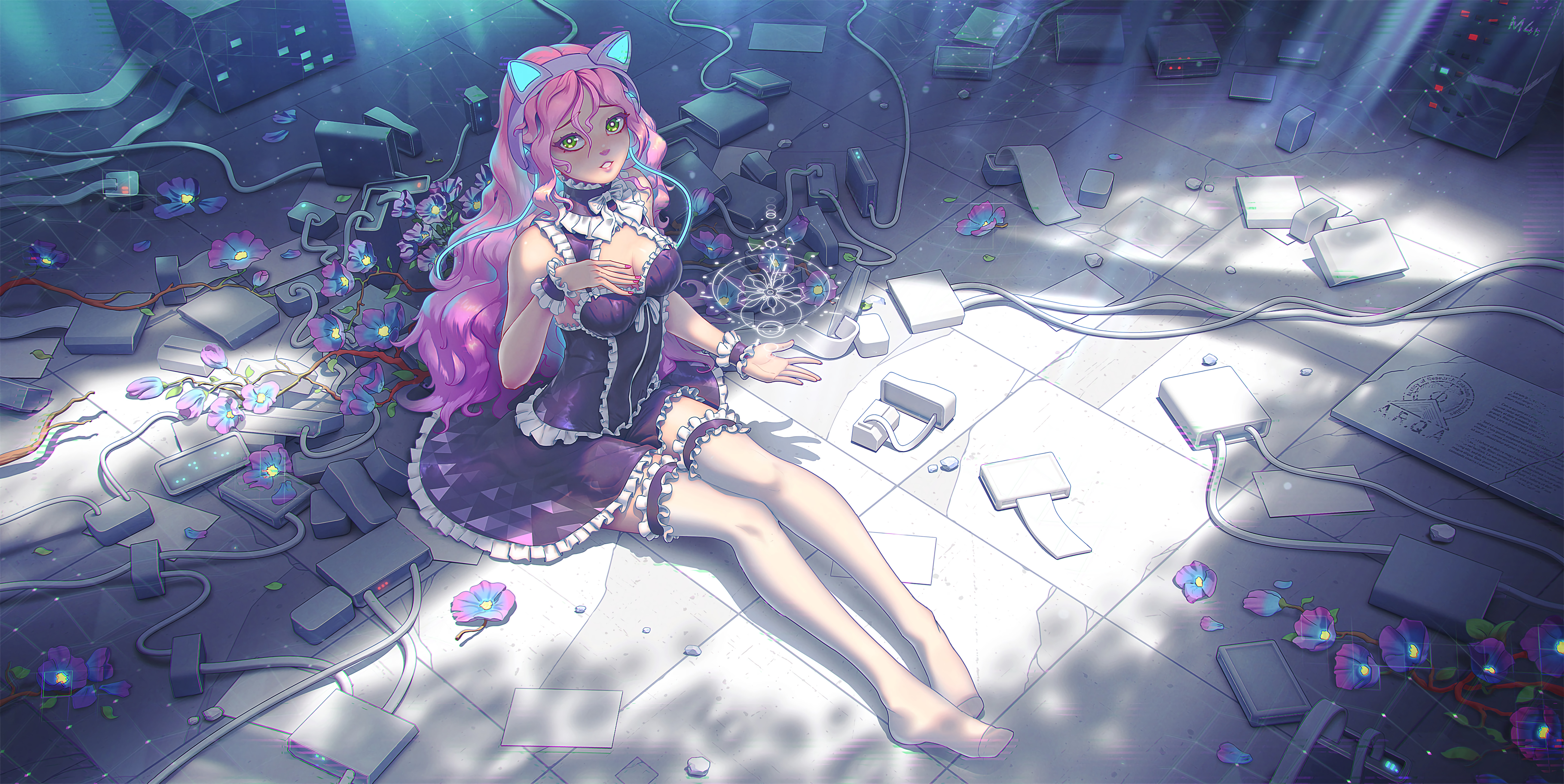 Anime Cat Girl Flowers Cyber Cybergirl Cyberpunk Wallpaper:5744x2880