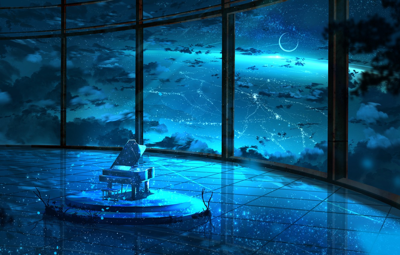 Wallpaper the sky, night, room, the moon, piano image for desktop, section арт