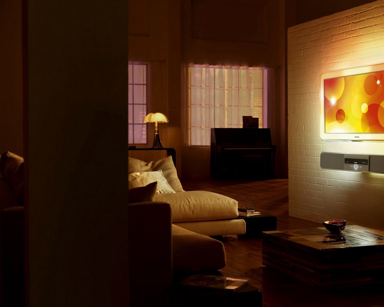 Download wallpaper 1280x1024 room, sofa, light, night standard 5:4 HD background