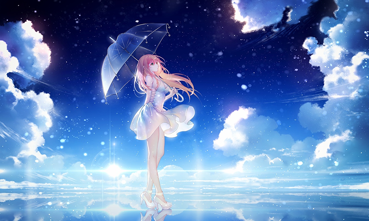 Desktop Wallpaper Anime young woman Legs parasol Clouds frock
