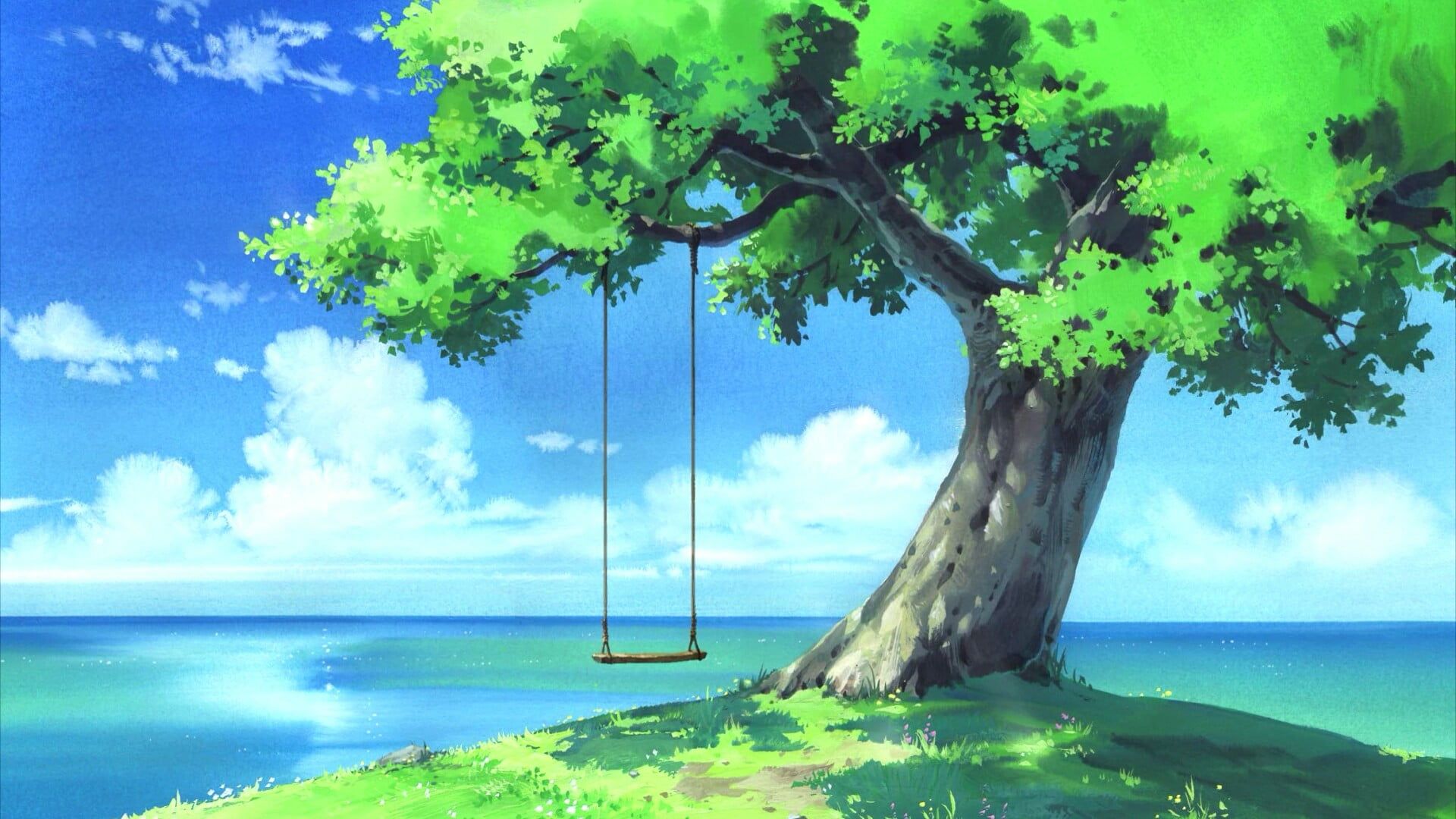 landscape anime art #tree #sea #sky #cloud #swing P #wallpaper #hdwallpaper #desktop. Anime scenery, Anime background, Scenery background