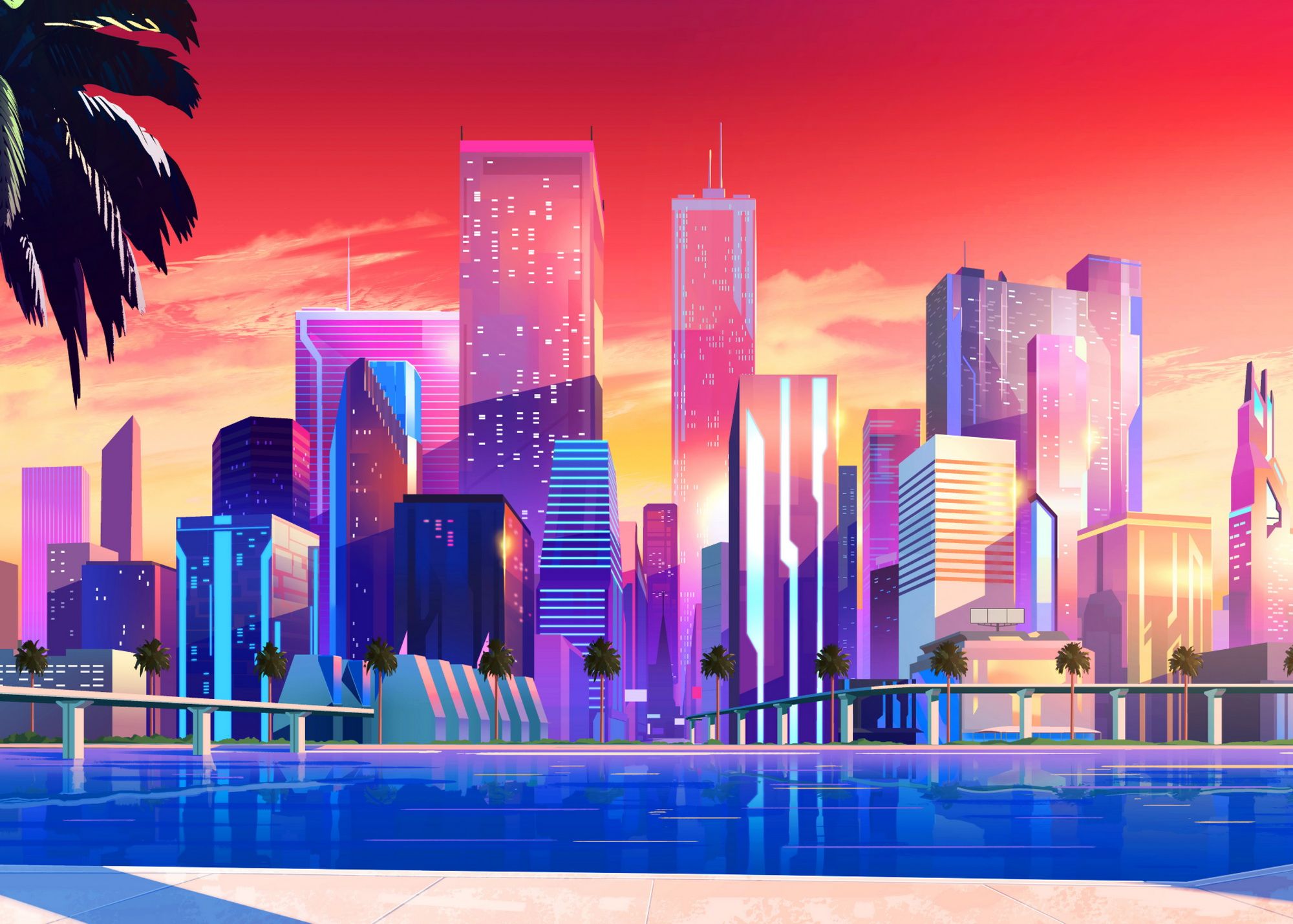 Vice City' Poster by Synthwave 1950. Displate. City wallpaper, Cityscape wallpaper, Synthwave