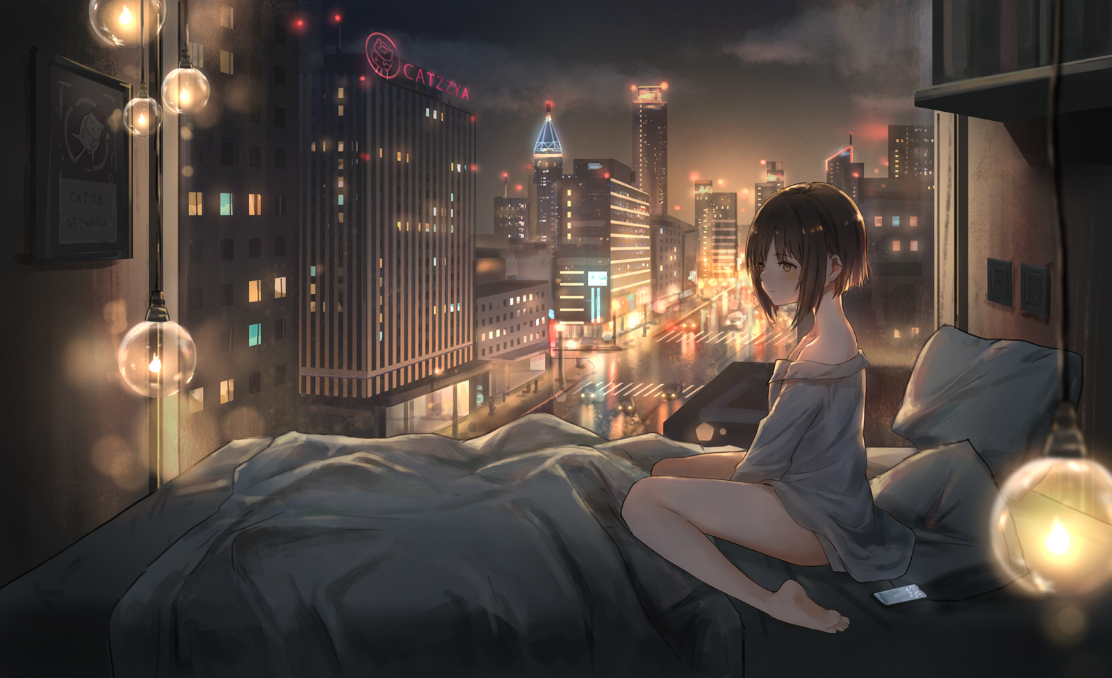 Wallpaper, anime girls, catzz, night, city lights, bed 1967x1200