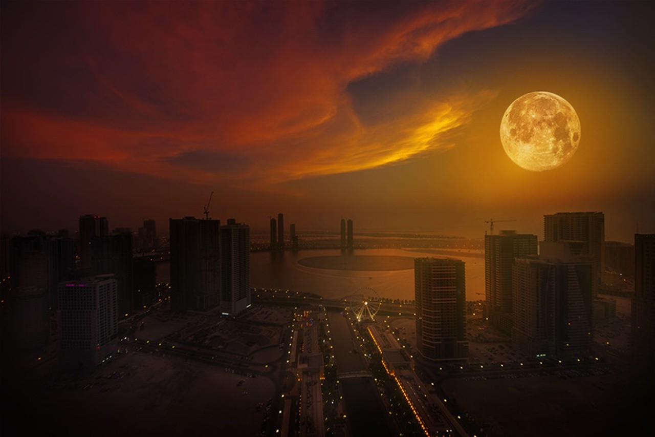clouds, landscapes, cityscapes, red, yellow, Moon, buildings, skyscrapers, bay, evening, cities, skies wallpaper
