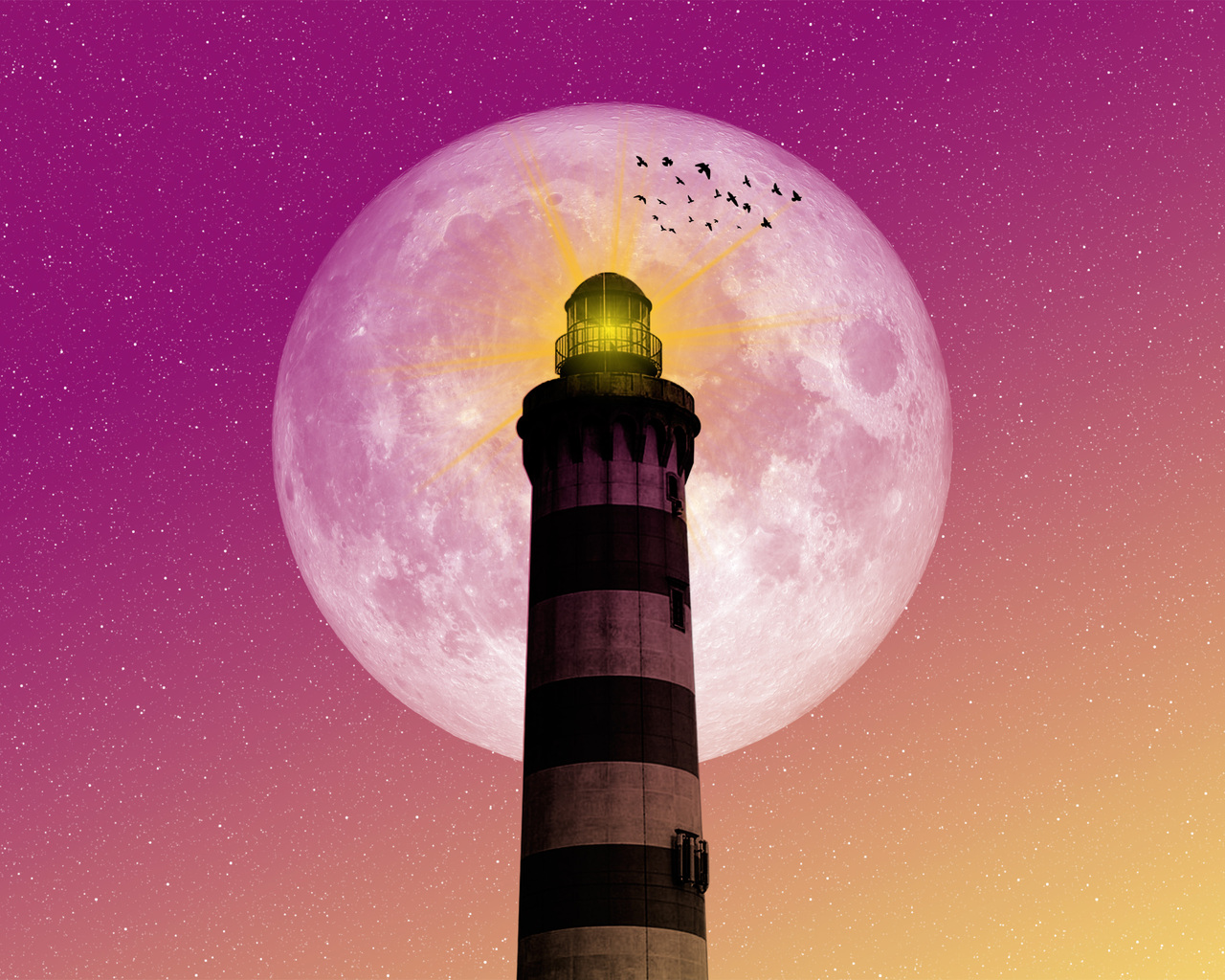 Moon Lighthouse Birds Pink Yellow Sky 1280x1024 Resolution HD 4k Wallpaper, Image, Background, Photo and Picture