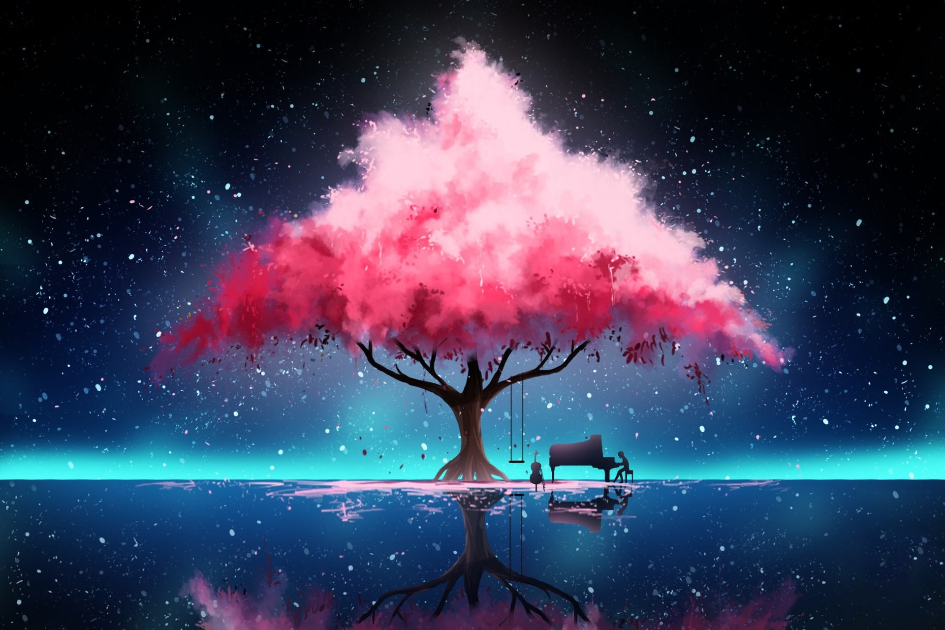 luminos, hinkos eigeiter, pink, blue, piano, art, water, fantasy, tree, instrument