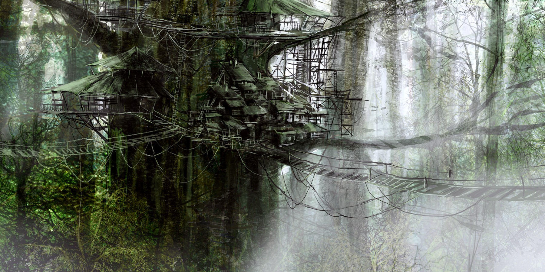 fantasy art artwork pixelated digital art house trees plants leaves ropes tree house wallpaper