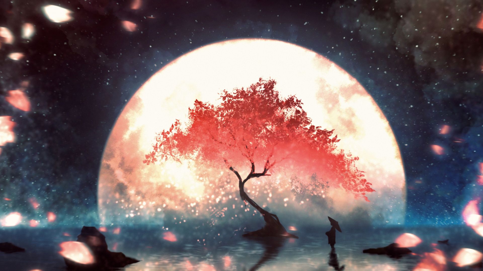 Desktop wallpaper red tree, moon light, fantasy, HD image, picture, background, a32312