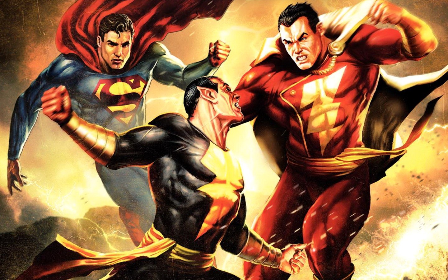 Wallpaper, artwork, superhero, DC Comics, comics, Superman, Shazam, Captain Marvel, Black Adam, fictional character, comic book, fiction 1440x900