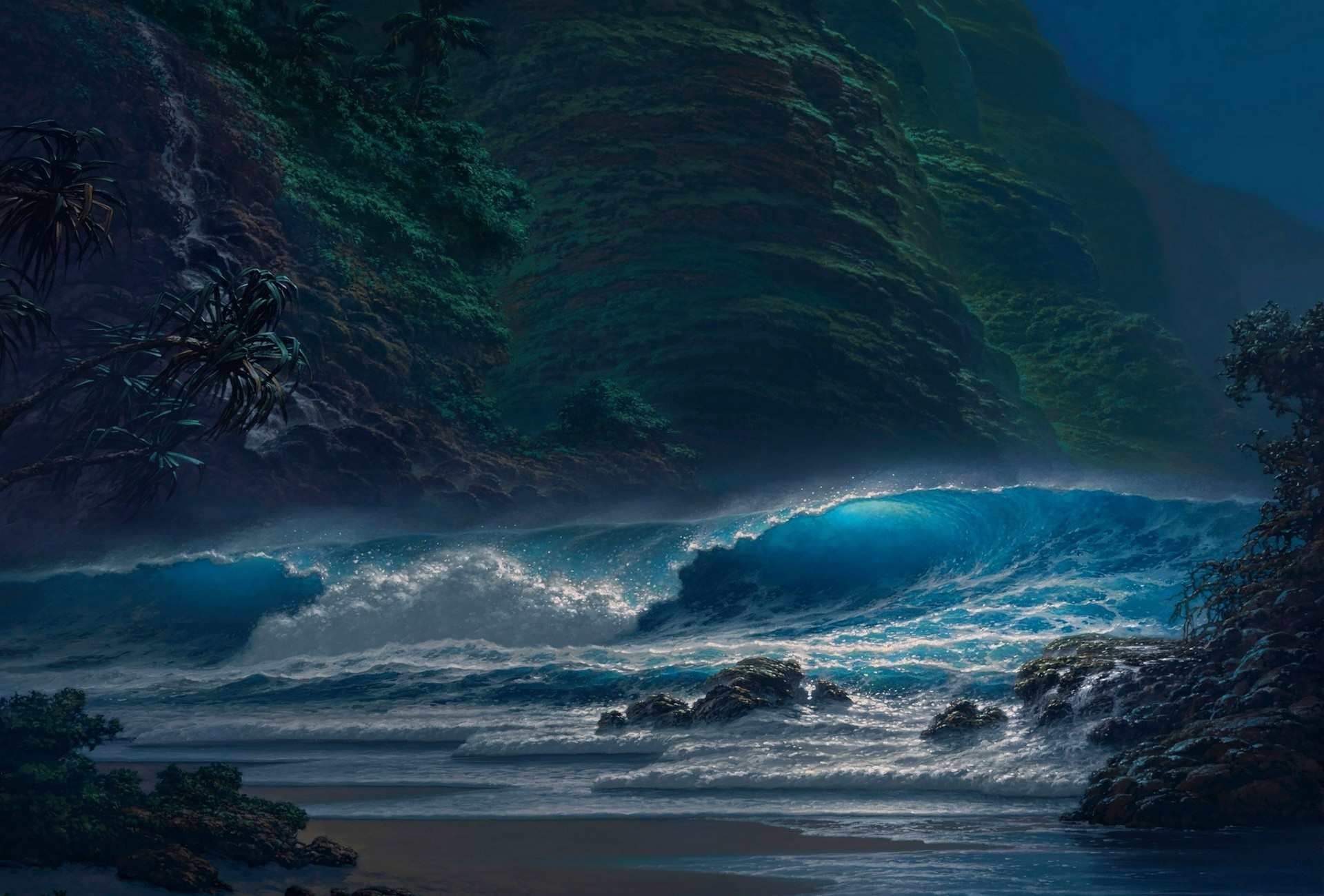 nature landscape beach palm trees coast sea waves cliff moonlight sand night wallpaper