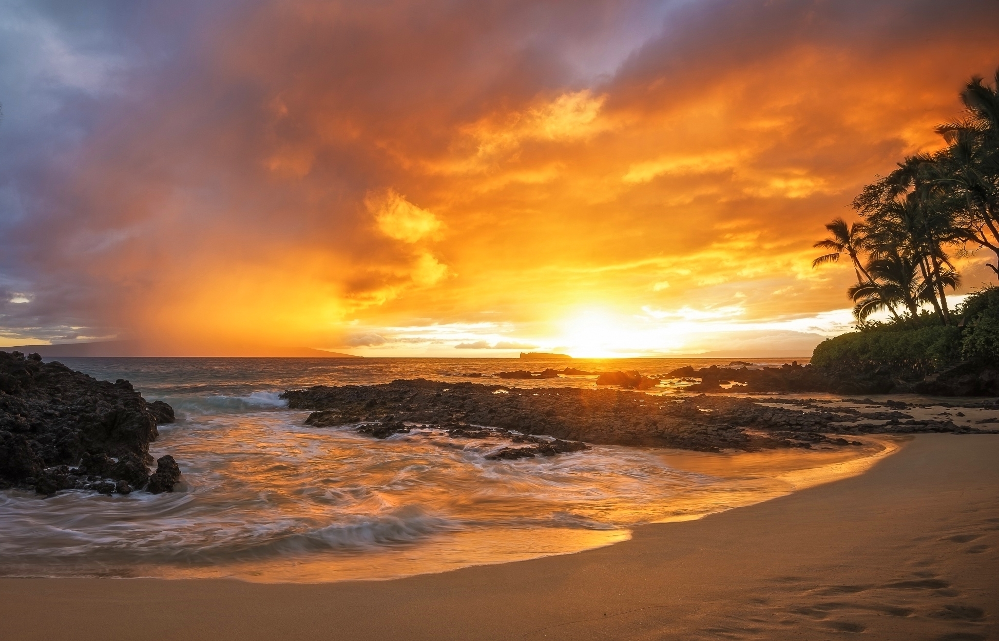 rocks, sunset, beautiful, palm trees, island, sky, waves, ocean, sand, Hawaii, beach, clouds, paradise, summer wallpaper