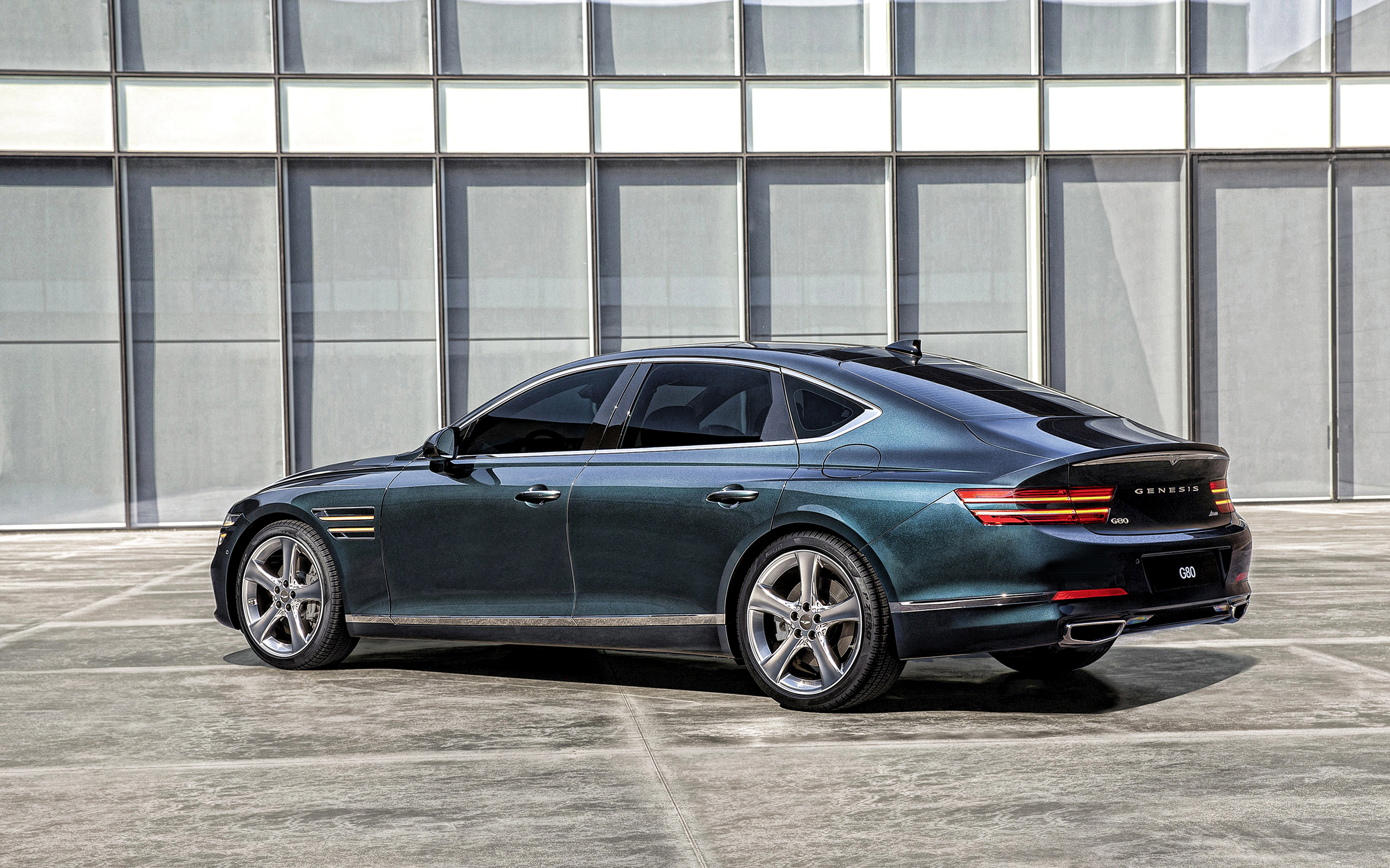 Download wallpaper 2021, Genesis G80, rear view, exterior, luxury sedan, new blue G80, korean cars, Genesis for desktop with resolution 3840x2400. High Quality HD picture wallpaper