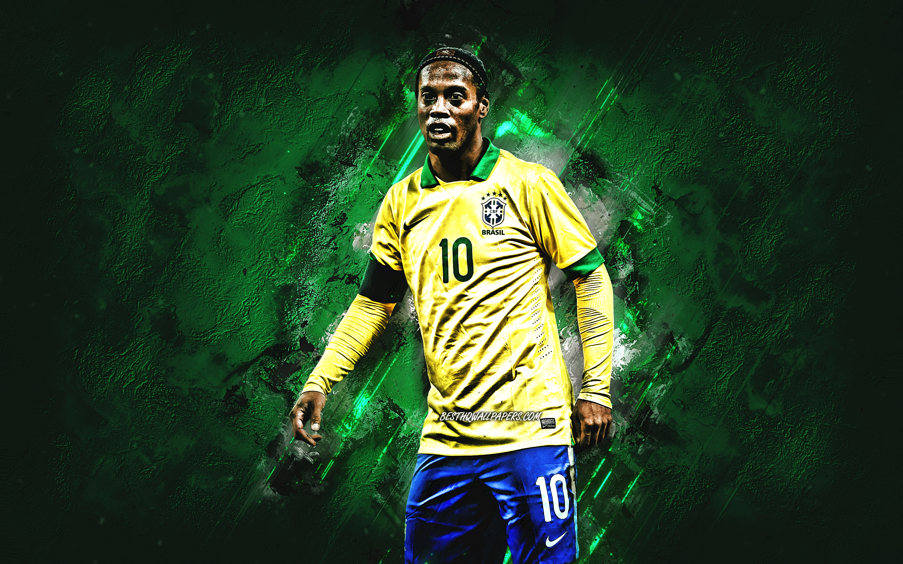 Download wallpaper Ronaldinho, Brazil national football team, portrait, green stone background, brazilian football player, soccer, Brazil, Ronaldo de Assis Moreira for desktop with resolution 2880x1800. High Quality HD picture wallpaper
