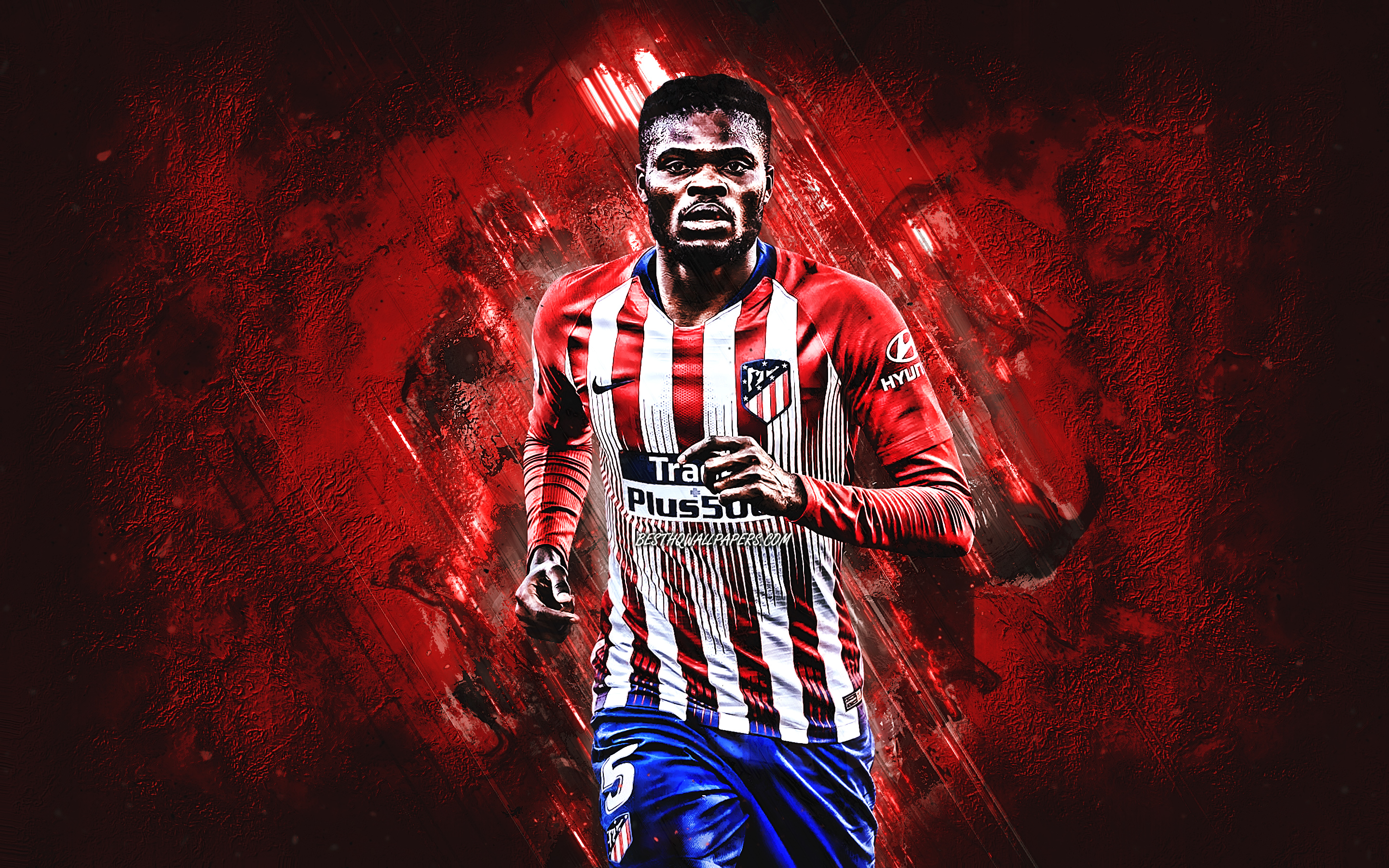 Download wallpaper Thomas Partey, Atletico Madrid, Ghanaian footballer, portrait, midfielder, La Liga, Spain, football, red stone background, creative art for desktop with resolution 2880x1800. High Quality HD picture wallpaper