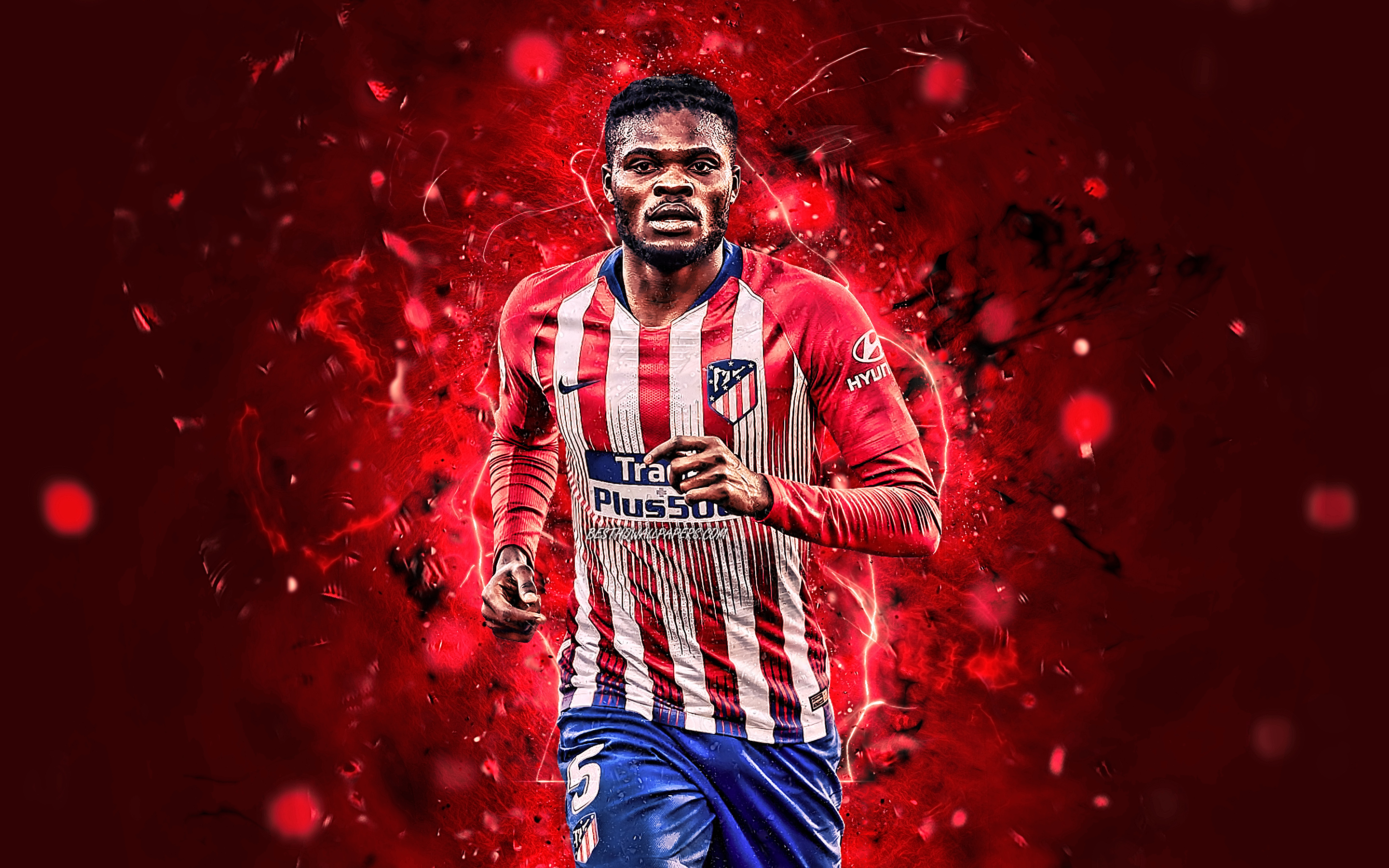 Download wallpaper Thomas Partey, Atletico Madrid FC, Ghanaian footballers, Thomas, La Liga, Thomas Teye Partey, midfielder, neon lights, soccer, LaLiga for desktop with resolution 2880x1800. High Quality HD picture wallpaper