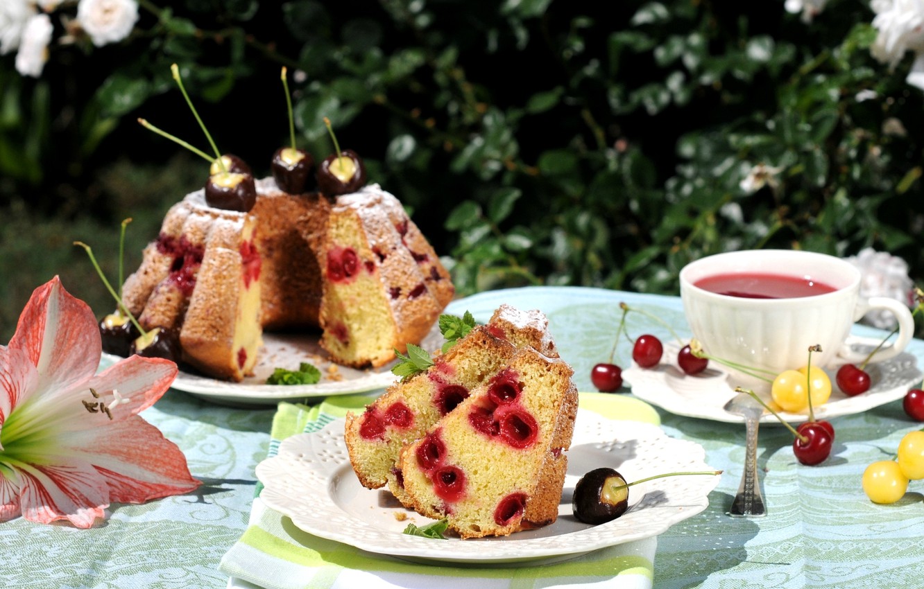 Wallpaper summer, cherry, tea, cakes, cupcake, there image for desktop, section еда