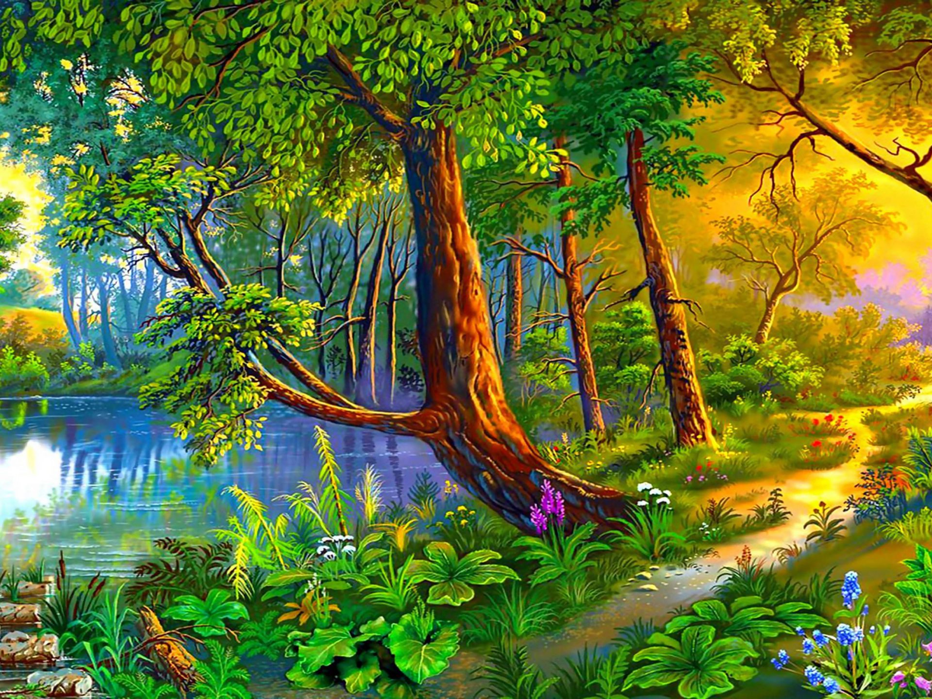 Beautiful Landscape Art Image Summer Painting Forest Trees Path River Forest Flowers Desktop HD Wallpaper For Your Computer, Wallpaper13.com