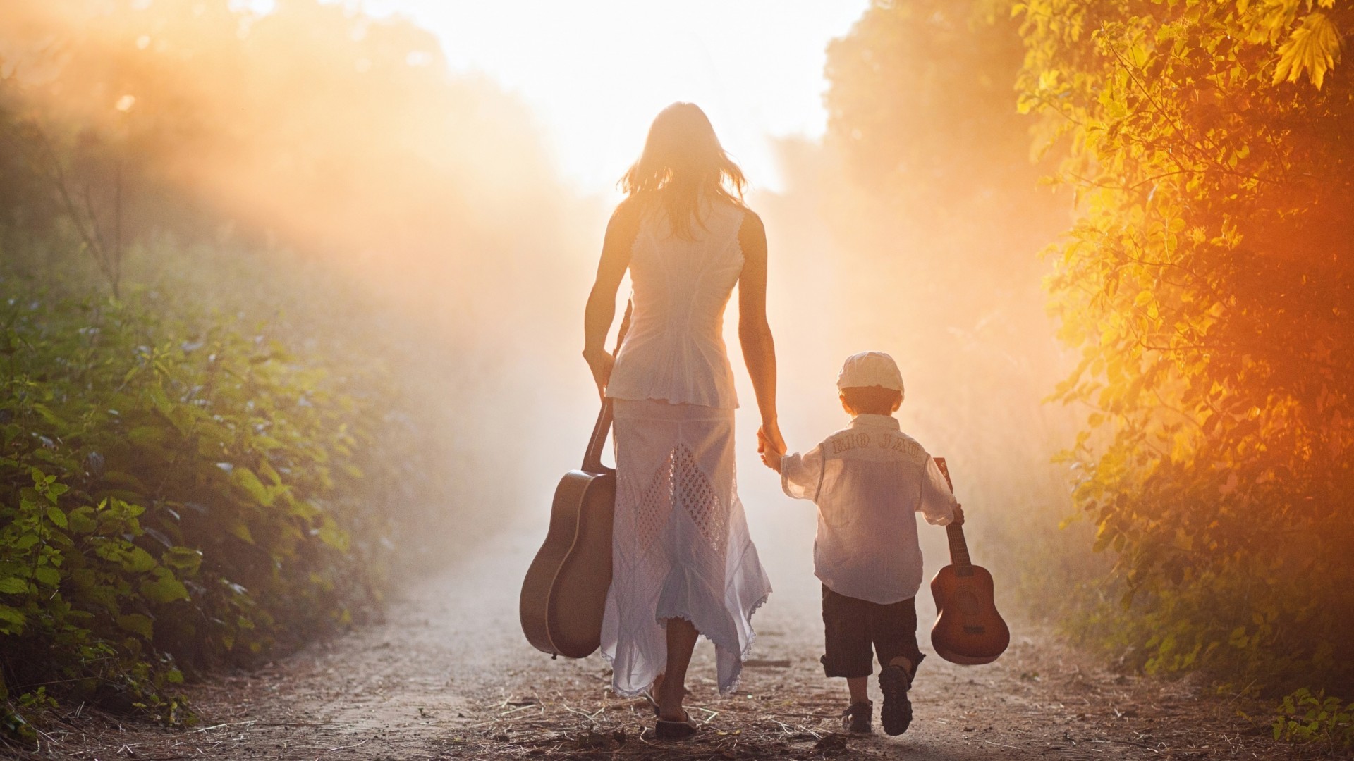 mother children sunlight path women outdoors musical instrument Wallpaper HD / Desktop and Mobile Background