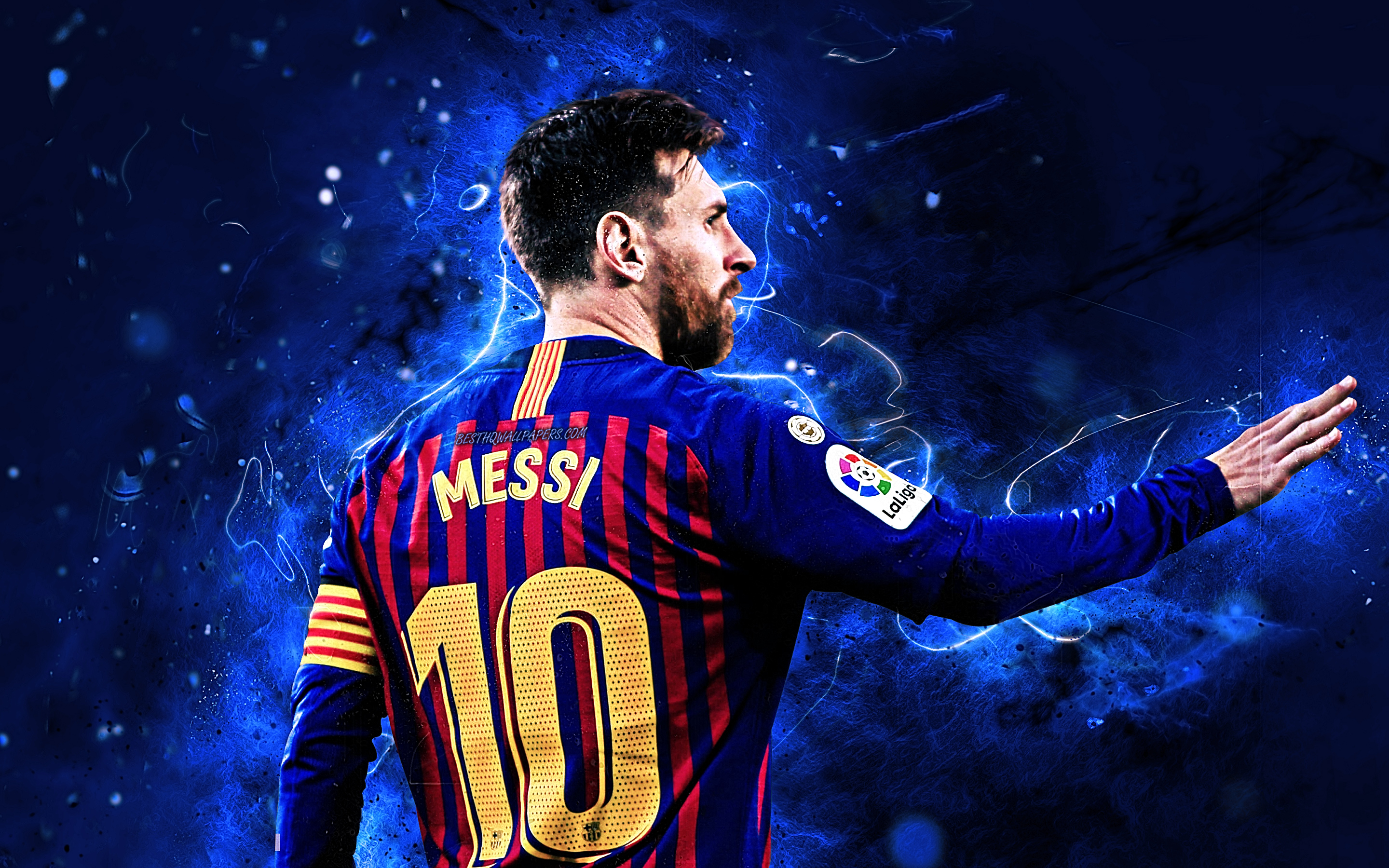 Download wallpaper Messi, back view, Barcelona FC, FCB, argentinian footballers, La Liga, Lionel Messi, Barca, Leo Messi, soccer, football stars, neon lights, LaLiga for desktop with resolution 2880x1800. High Quality HD picture