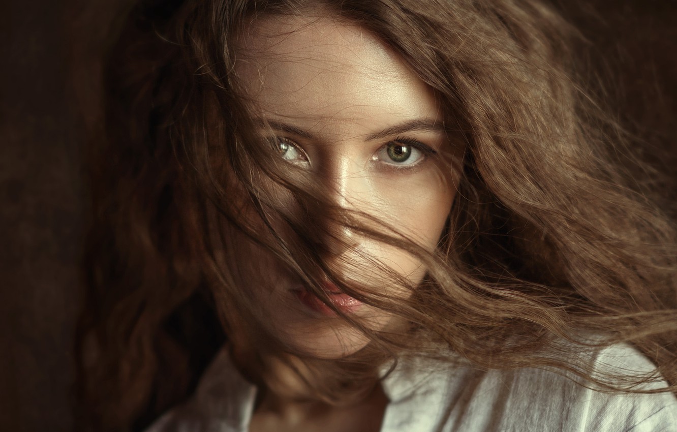 Wallpaper girl, green eyes, photo, model, lips, brunette, portrait, mouth, close up, looking at camera, looking at viewer, hair in face, Albert Lesnoy, Viki Virgo, Viktoria Makarenko image for desktop, section девушки