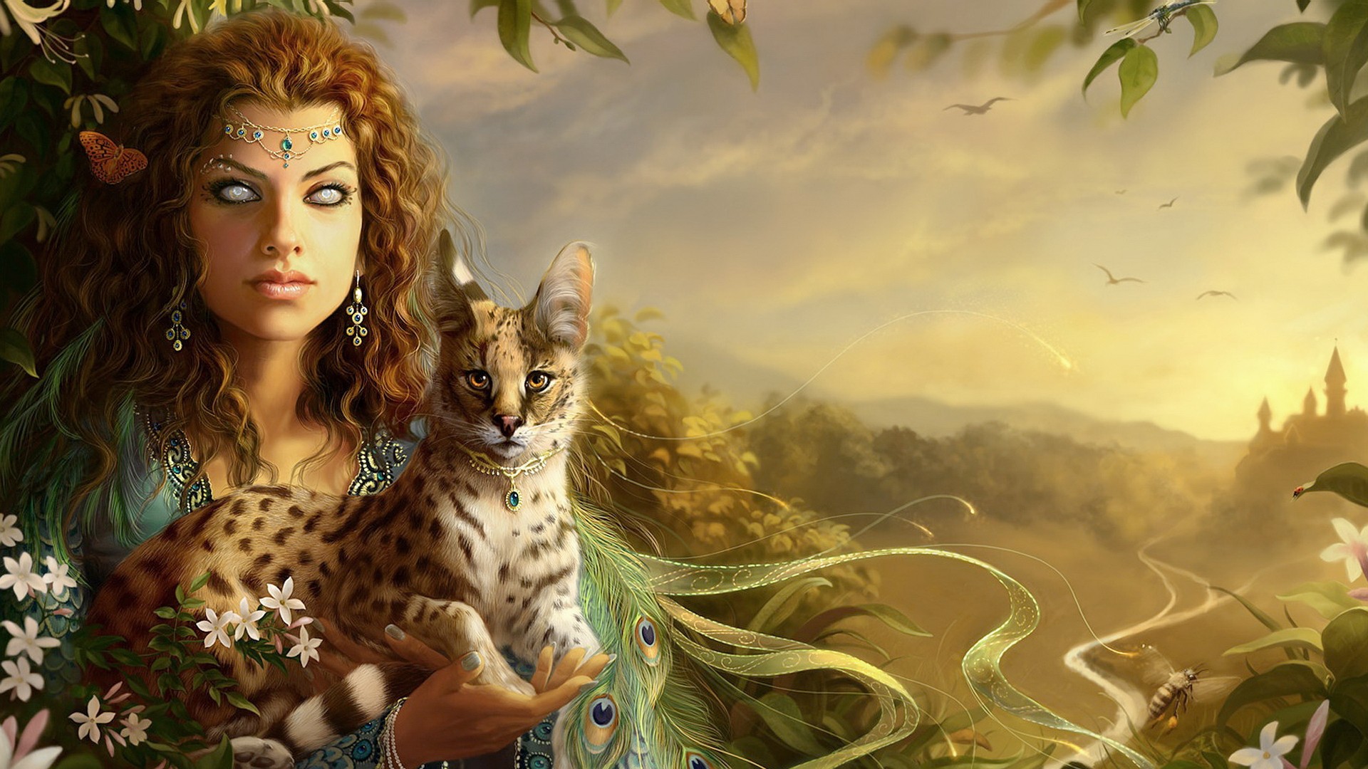 fantasy art, animals, cats, flowers, women, artwork wallpaper