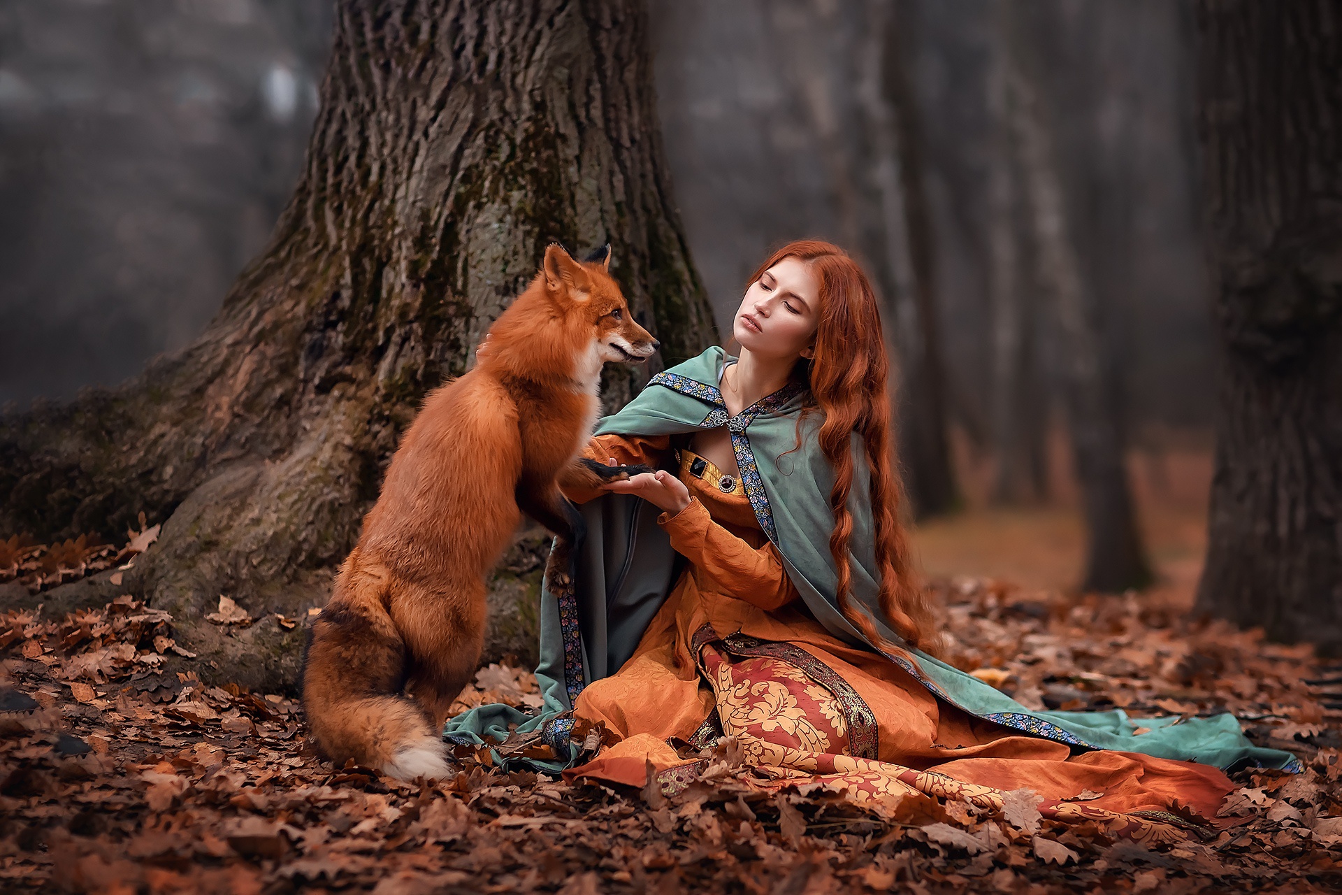 Wallpaper, fox, fall, leaves, redhead, women outdoors, long hair, animals, fantasy girl 1920x1280