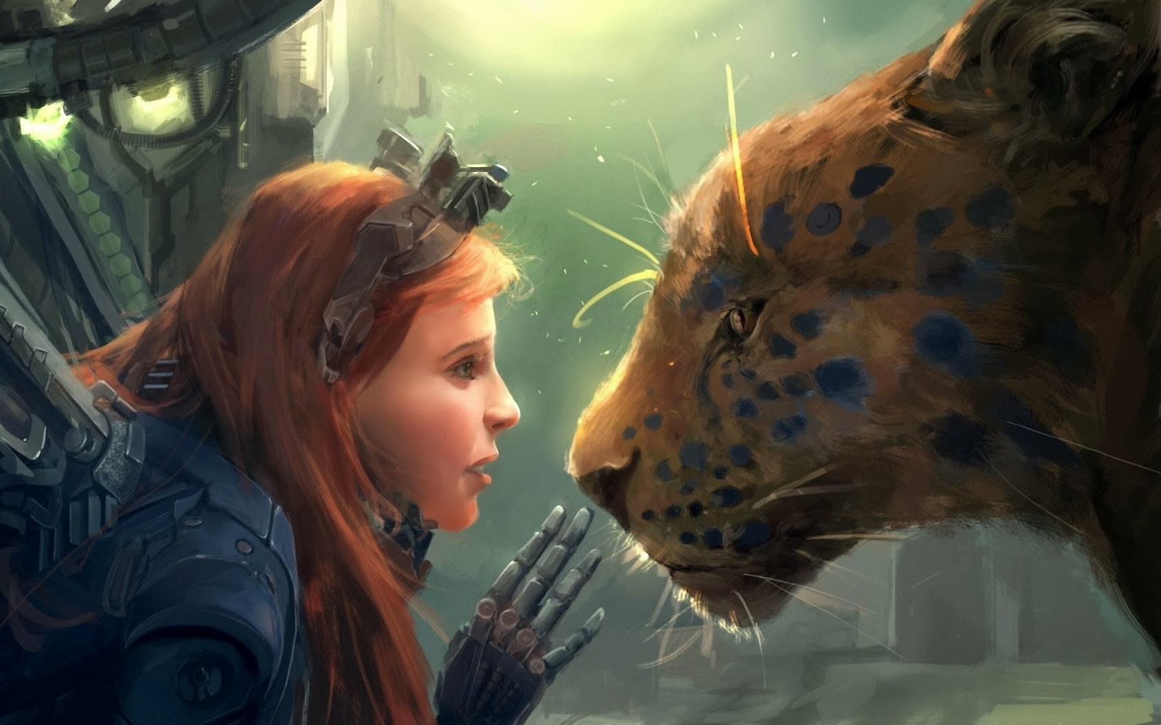 Redhead Leopard Artwork Women Futuristic Fantasy Girl Fantasy Art Robot Animals Wallpaper:1680x1050