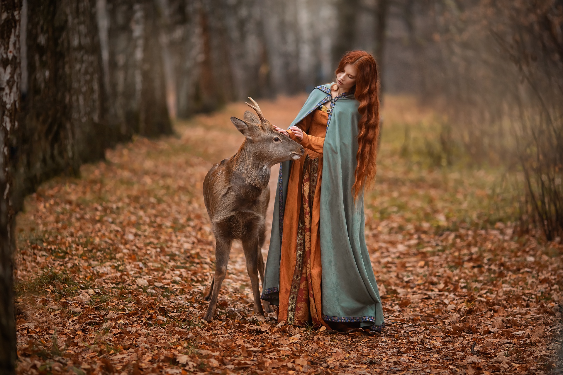 Wallpaper, model, animals, deer, fantasy girl, women outdoors, redhead 1920x1280