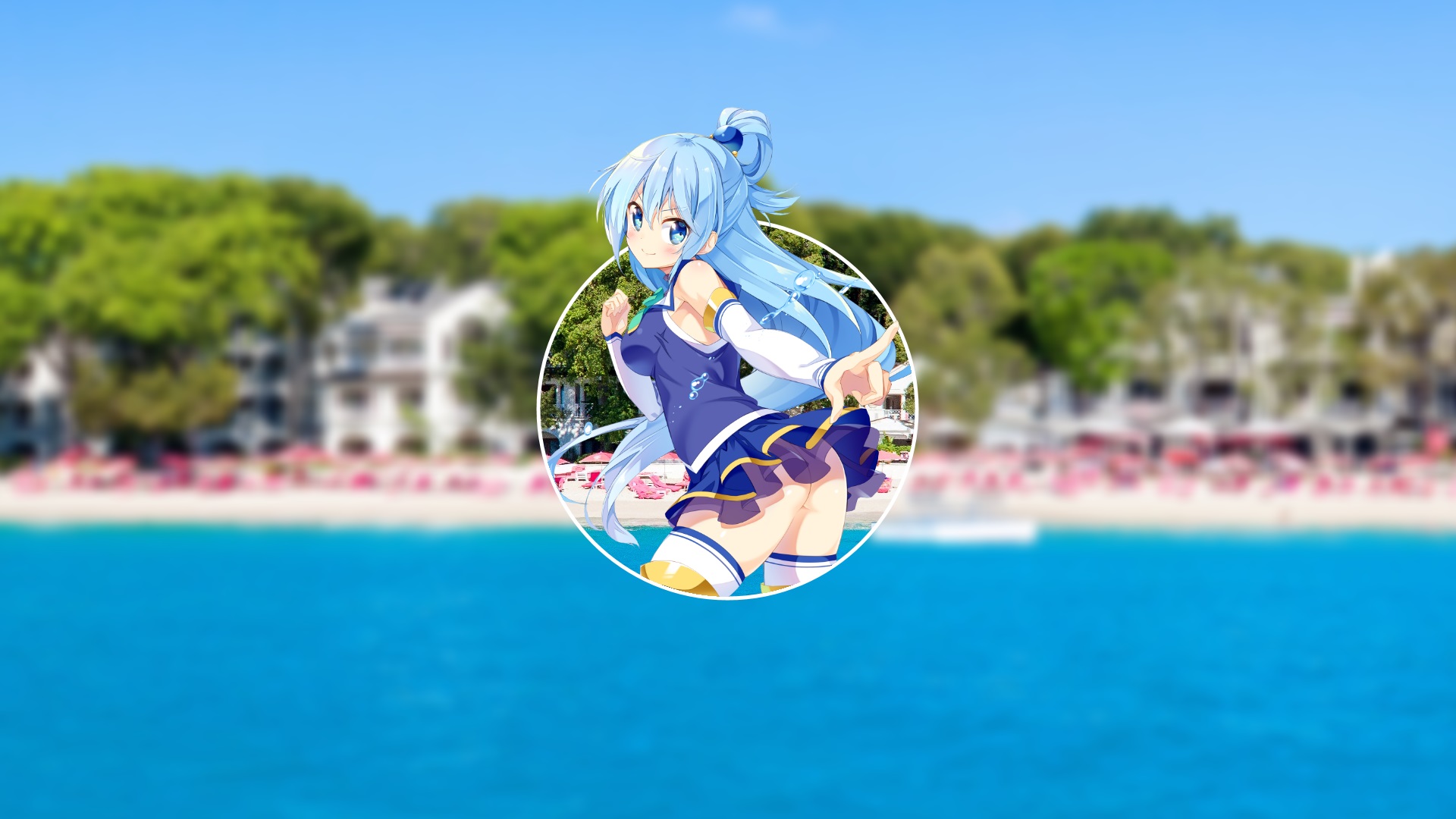 Wallpaper, anime girls, white skin, picture in picture, landscape, Kono Subarashii Sekai ni Shukufuku wo, water, Aqua KonoSuba, blue hair, fan art, clear sky 1920x1080