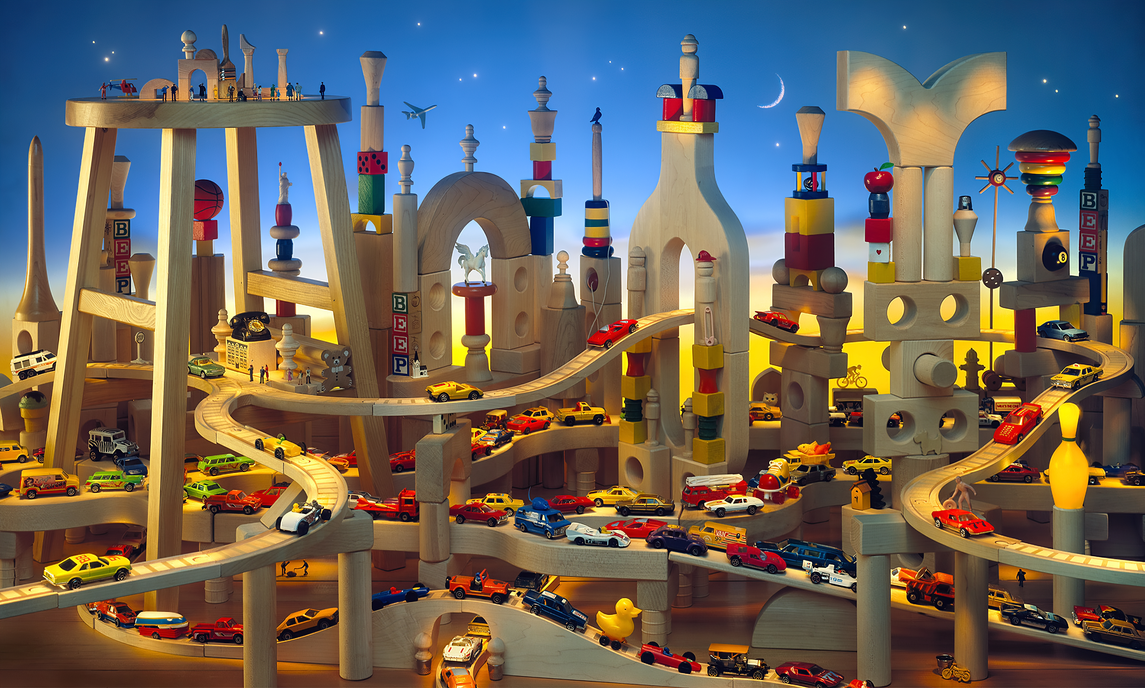 Wallpaper, digital art, artwork, toys, car, vehicle, colorful, Moon, stars, wood, miniatures, matchbox cars, night 3840x2310