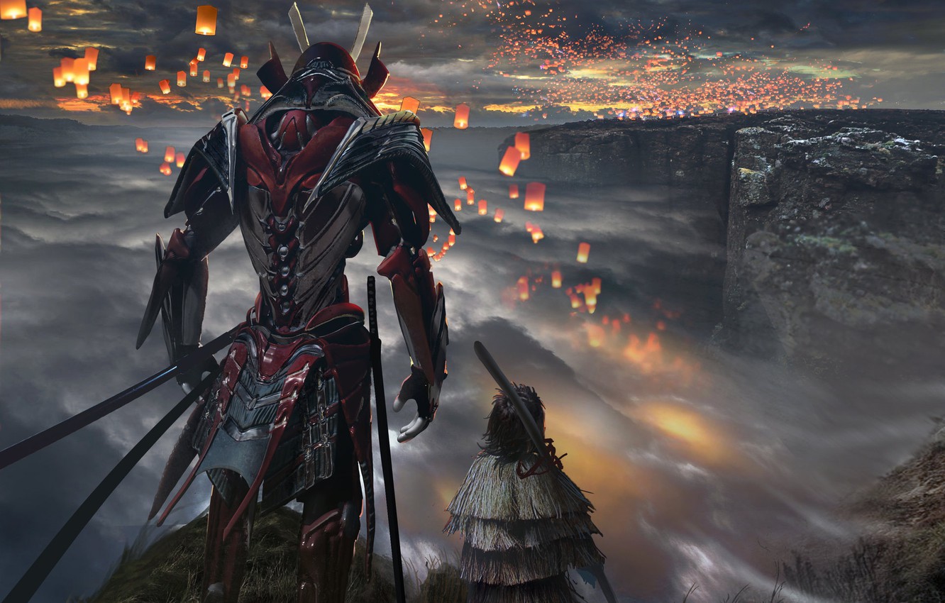 Wallpaper clouds, warrior, hill, lanterns, samurai armor image for desktop, section рендеринг