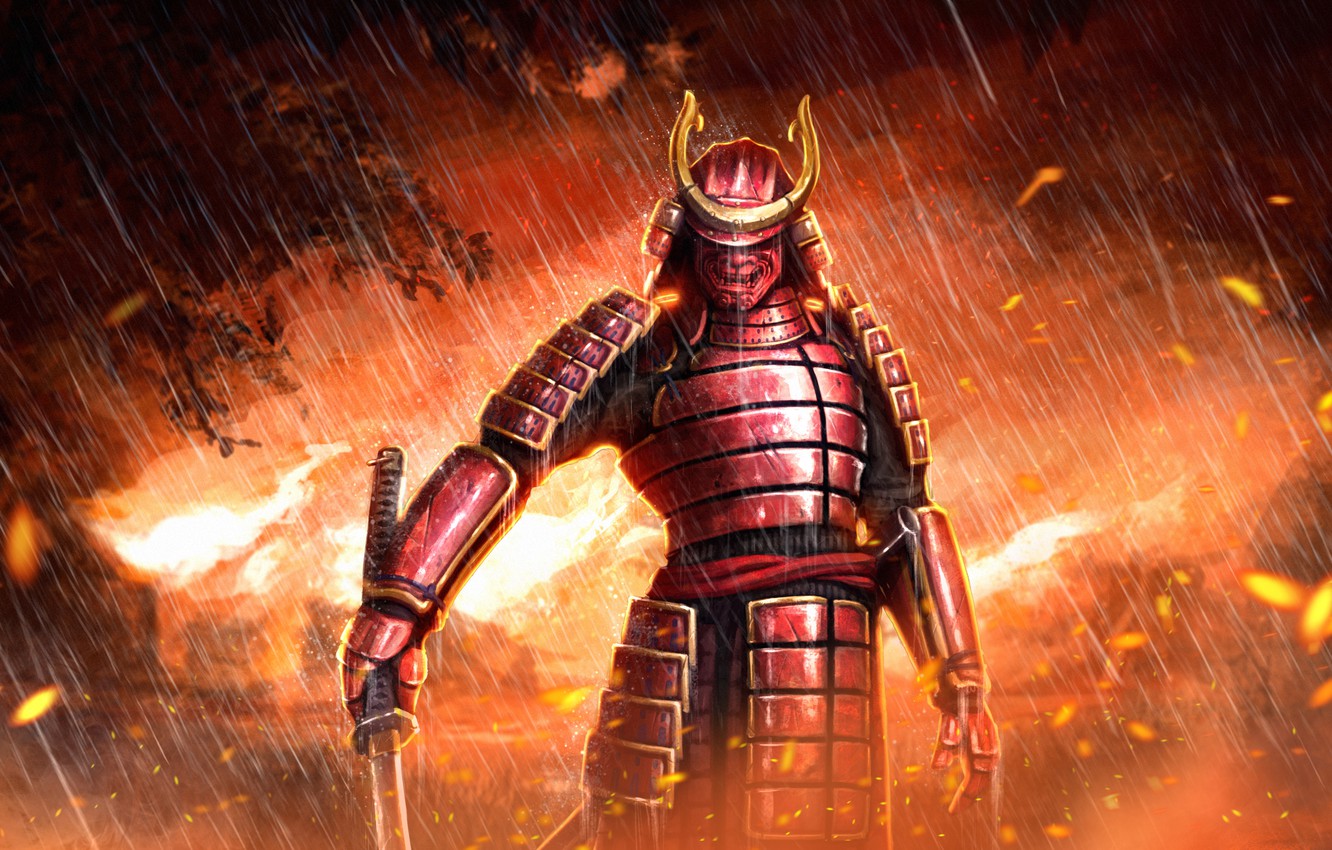 Wallpaper rain, fire, sword, katana, mask, samurai, armor image for desktop, section фантастика