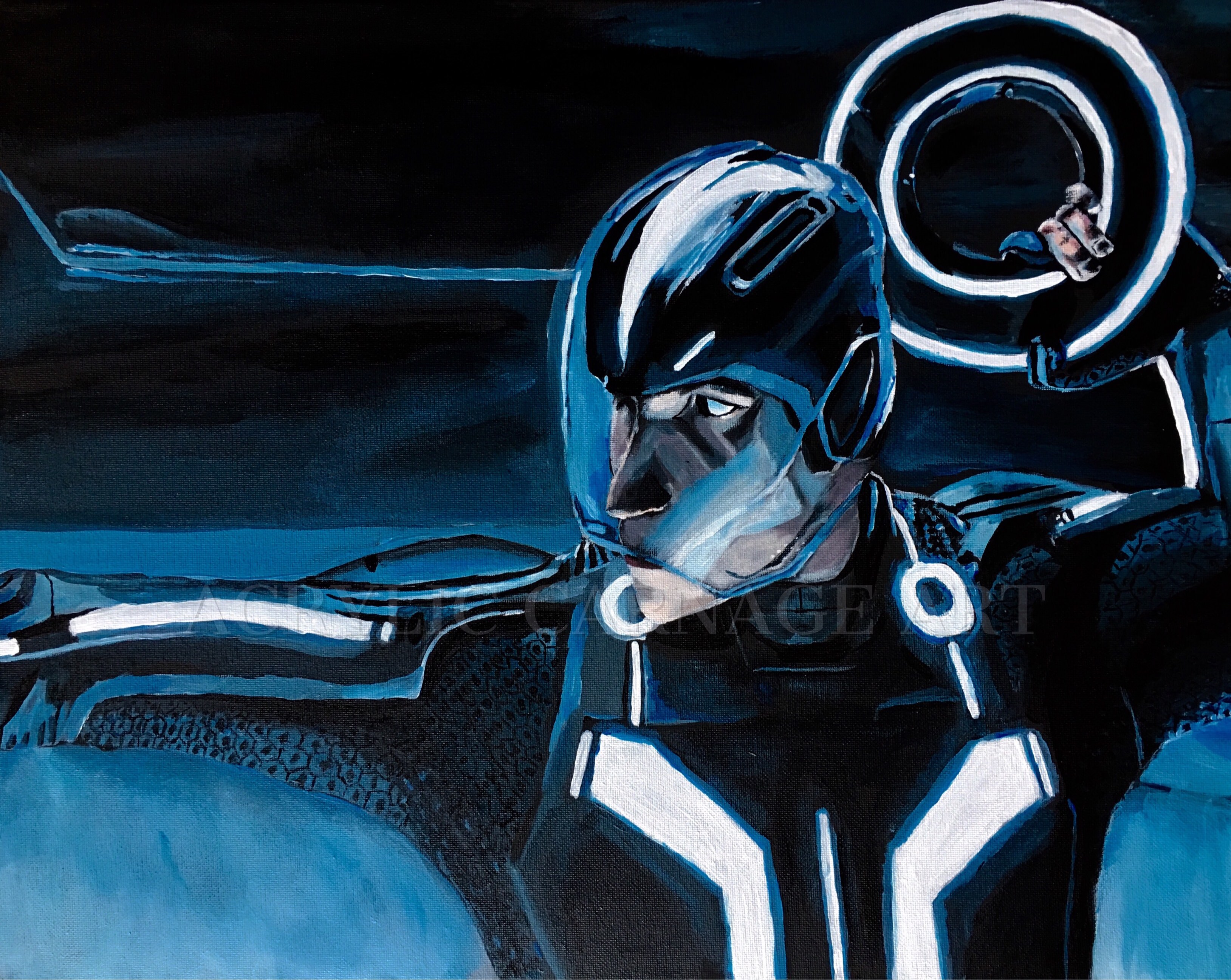 A painting I made of Sam Flynn from Tron Legacy. I am a big fan of the movie, visuals, and the soundtrack and hope that we get a sequel one day. Until