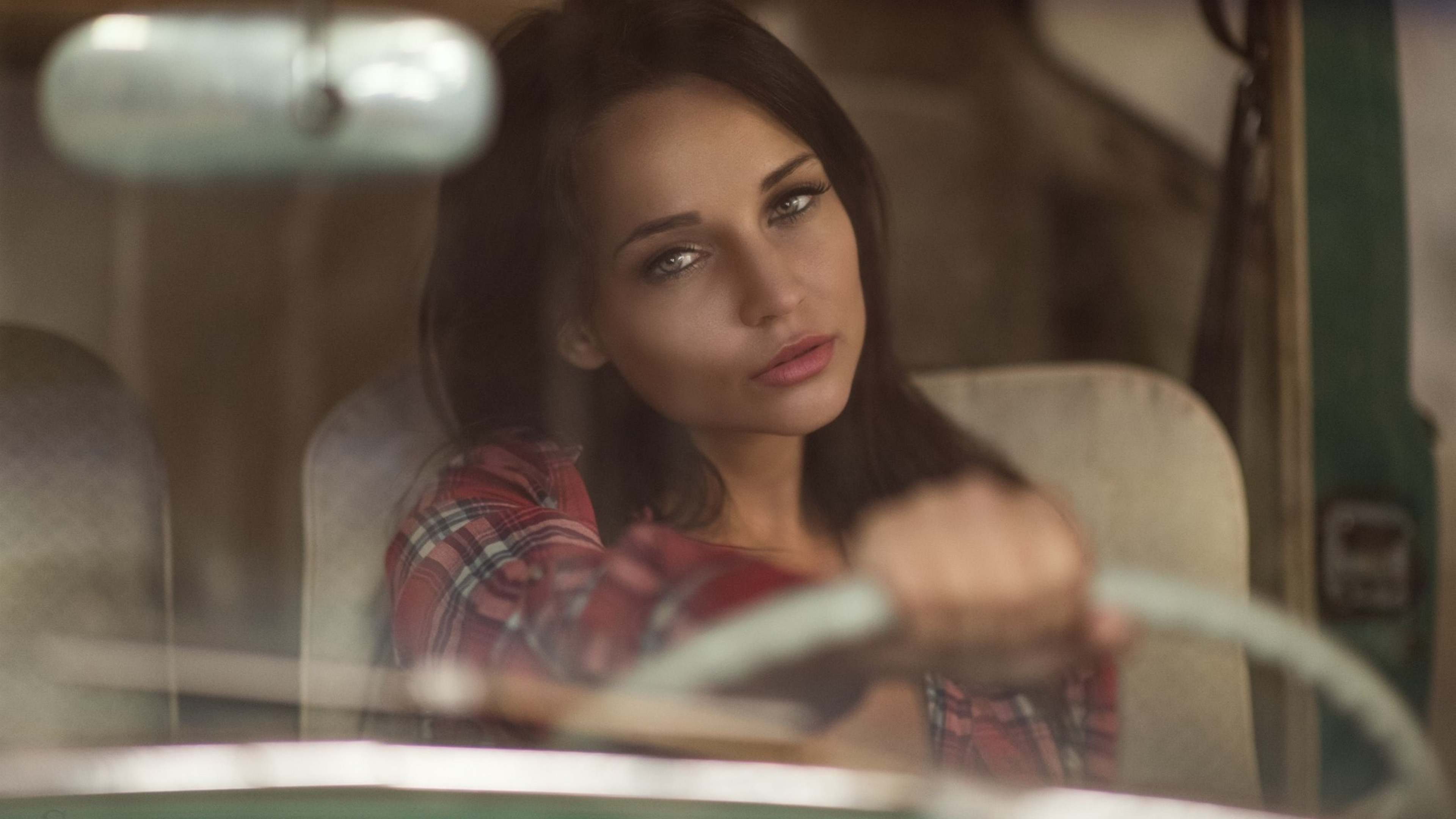 Download 3840x2160 Model, Driving Car, Brunette, Women Wallpaper for UHD TV